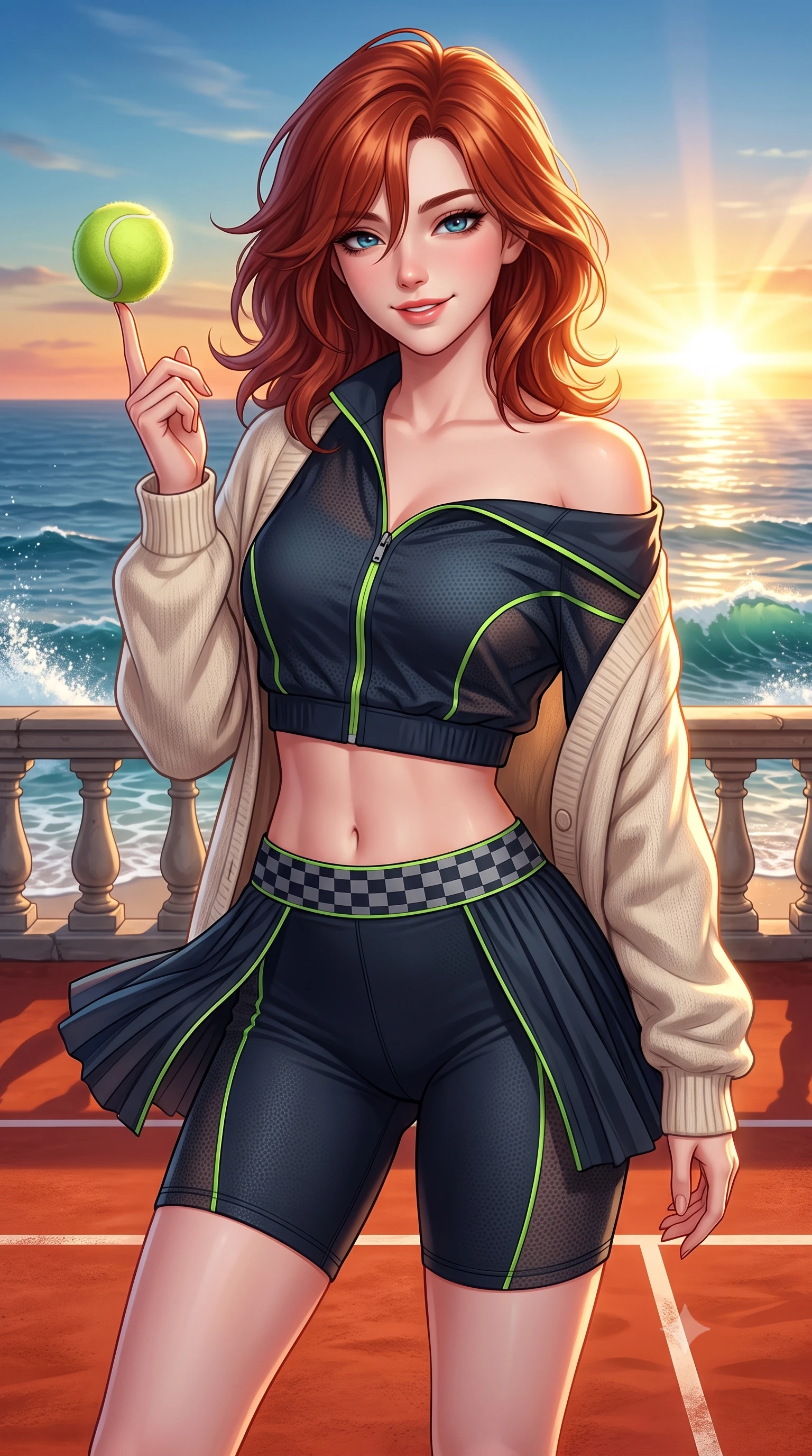 score_9, masterpiece, best quality, ultra-detailed, high-budget anime keyframe, semi-realistic 3D game render, editorial fashion photography, tasteful artistic composition, Korean woman. close-up cowboy shot from the waist and thighs up, the character dominates the composition, filling the frame with her large presence. playfully spinning a tennis ball on her fingertips, her radiant smile capturing fresh girlhood charm while her arched torso reveals an intoxicating hip contour while twisting her slender torso in an alluring contrapposto stance, salty ocean spray and sunset breezes molding her pleated skirt to her hips. The surrounding environment is rendered in vivid detail and crisp panoramic clarity: sharp red clay surface texture, stone balustrade relief, and ocean wave crest clarity in deep focus. She has an exceptionally elegant, slender, and willowy female figure with an ultra-slim waist, flat toned midriff, narrow ribcage, and sculpted feminine hips creating an alluring, slim hourglass silhouette without bulk. sharp v-shaped jawline, high-bridge nose, sparkling eyes with athletic focus and depth, thick curled eyelashes, glossy parted lips with a natural coral-peach sheen, bright confident and coquettish smile with alluring bedroom-eyes, exuding both youthful sporty vigor and sovereign high-society glamour, flawlessly proportioned anatomical accuracy, strict slender model proportions, natural body alignment, perfectly sculpted long slender limbs, ultra-slim waistline, clean dynamic posture without body distortion. wearing an asymmetric off-shoulder cropped windbreaker jacket paired with tight high-waisted biker shorts and a checkered waist sash in deep midnight carbon and luminous lime green piping, woven from semi-opaque performance athletic mesh with hexagonal micro-perforations, complemented by an oversized cashmere knit cardigan slipping off one bare shoulder, the form-fitting tailored bodice adhering flawlessly to her sculpted flat midriff and slender torso, emphasizing her long leg lines and perfectly proportioned willowy build. bathed in intense golden sunset rays breaking horizontally across the Atlantic Ocean. highly saturated vibrant anime colors, detailed shading with soft gradients, rich glossy textures, high-contrast stereoscopic depth, volumetric dynamic lighting, master piece, 9:16 ratio