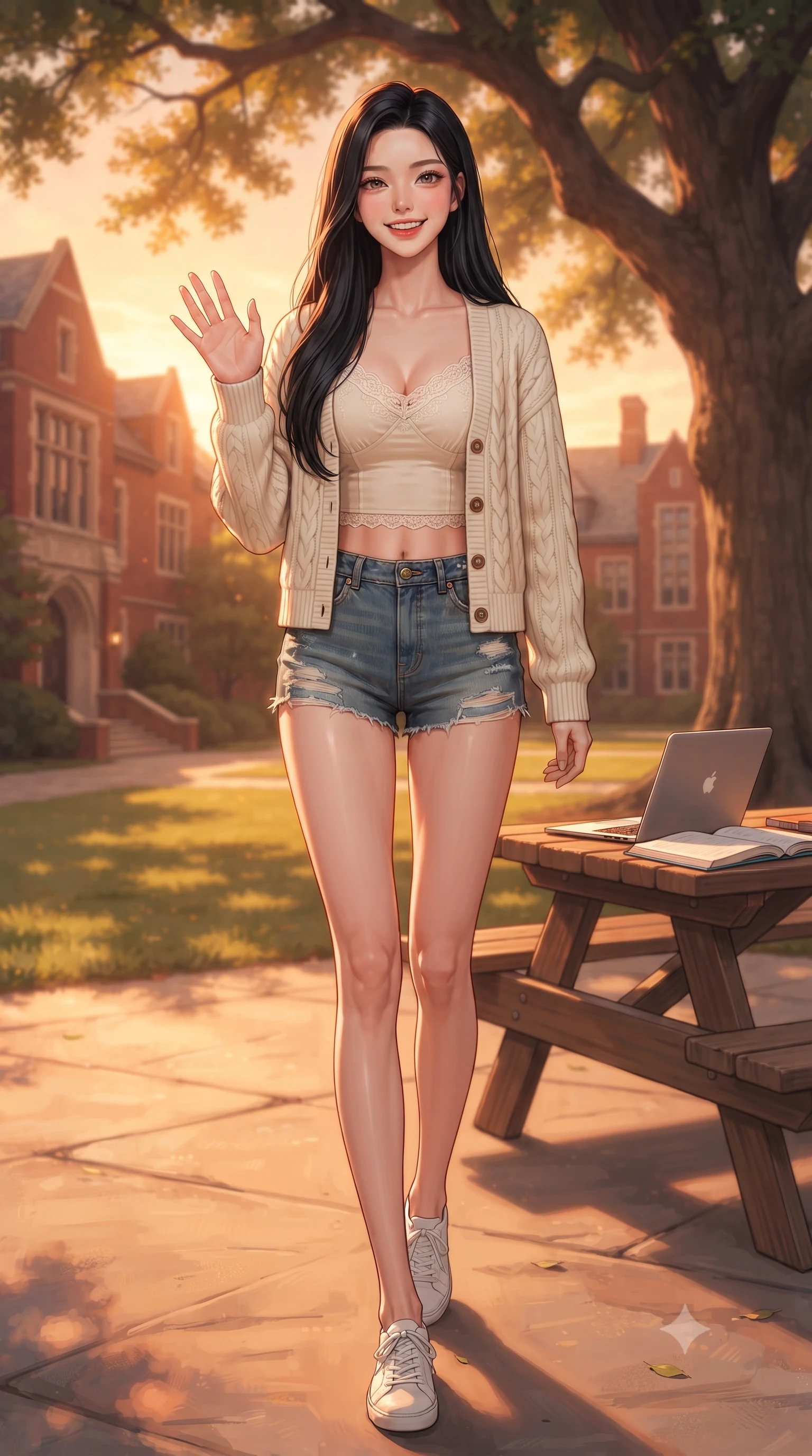 score_9, masterpiece, best quality, ultra-detailed, high-budget anime keyframe, editorial fashion photography, tasteful artistic composition, Korean woman. low angle full-body shot from head to toe showing her feet, filling the entire 9:16 vertical frame with her statuesque presence, stretching her vertical silhouette. stepping forward with a bright, cheerful smile, waving happily at the viewer set against a soft-focus background of on a sun-drenched university campus quad surrounded by historic red-brick lecture halls with a laptop and open notebooks arranged on a wooden table. She has an absolutely perfect, statuesque 8.5-heads proportion, an exceptionally tall and slender model-like female figure with impossibly long slender legs and an ultra-slim waist. sharp v-shaped jawline, high-bridge nose, intricate jewel-like eyes with depth, thick eyelashes, glossy lips with a natural sheen. wearing slim-fit delicate lace-trim crop top in cream, worn under an open preppy cardigan and denim shorts. golden hour sunset light casting a peaceful, cozy orange wash across the lawns. ultra-reflective glossy finish, specular highlights, metallic sheen, high-contrast stereoscopic depth, volumetric dynamic lighting, 2k, ultra detail, master piece, 9:16 ratio