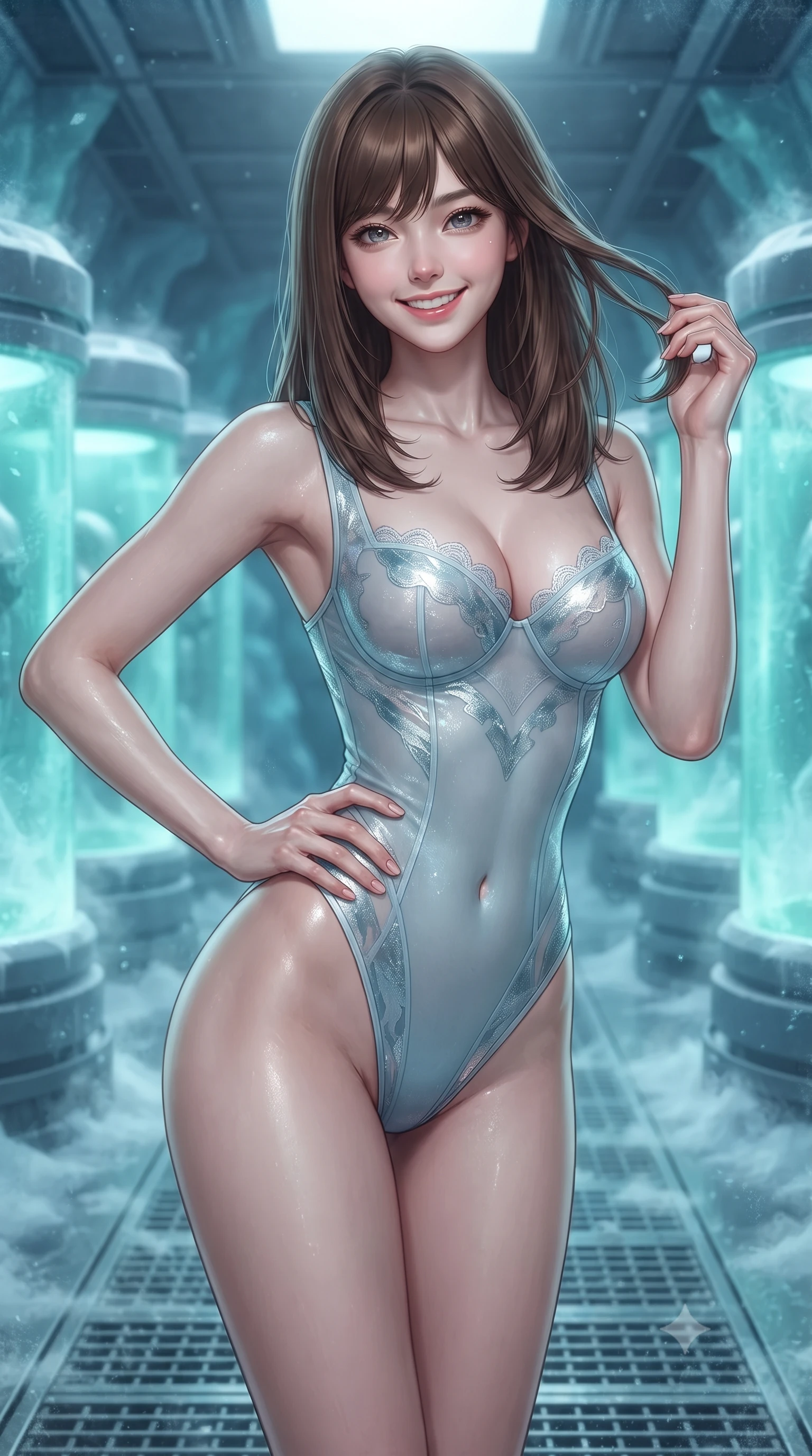 score_9, masterpiece, best quality, ultra-detailed, high-budget anime keyframe, editorial fashion photography, tasteful artistic composition, Korean woman. close-up cowboy shot from the waist and thighs up, the character dominates the composition, filling the frame with her large presence. twisting her slender torso in an alluring contrapposto stance, one hand resting on her sculpted hip while her fingers toy with her hair with effortless poise while standing poised on the frost-dusted stainless steel walkway between rows of glowing vertical cryo-stasis pods, arching her lower back with mysterious siren grace. The background shows a soft-focus cylindrical stasis pods glowing with soft cyan and mint bio-light, swirling frosty nitrogen vapors, and ancient blue glacial ice walls blurred into aquamarine, diamond, and sapphire bokeh. She has an exceptionally elegant, slender, and willowy female figure with an ultra-slim waist, flat toned midriff, narrow ribcage, and sculpted feminine hips creating an alluring, slim hourglass silhouette without bulk. sharp v-shaped jawline, high-bridge nose, intricate jewel-like sparkling eyes with depth, thick eyelashes, glossy parted lips with a natural peach sheen, bright cheerful beaming smile with an enchanting and coquettish sensual glint, exuding both youthful cute charm and seductive allure, flawlessly proportioned anatomical accuracy, strict slender model proportions, natural body alignment, perfectly sculpted long slender limbs, ultra-slim waistline, clean dynamic posture without body distortion. wearing a provocative sheer-illusion tactical combat bodysuit with strategic metallic foil flocking and high-cut leg openings in arctic cryo-glacier ice blue and platinum white, made of fluid liquid jersey with seamless sculpting hold and smooth contours, finished with scalloped eyelash lace trim framing her sweetheart neckline with intimate elegance, the bespoke structured tailoring following the natural line of her 8.5-heads silhouette with refined elegance. bathed in cool 8000K clinical bio-luminescence mixed with warm amber emergency threshold lights. ultra-reflective glossy finish, specular highlights, rich textural contrasts, high-contrast stereoscopic depth, volumetric dynamic lighting, 2k, ultra detail, master piece, 9:16 ratio