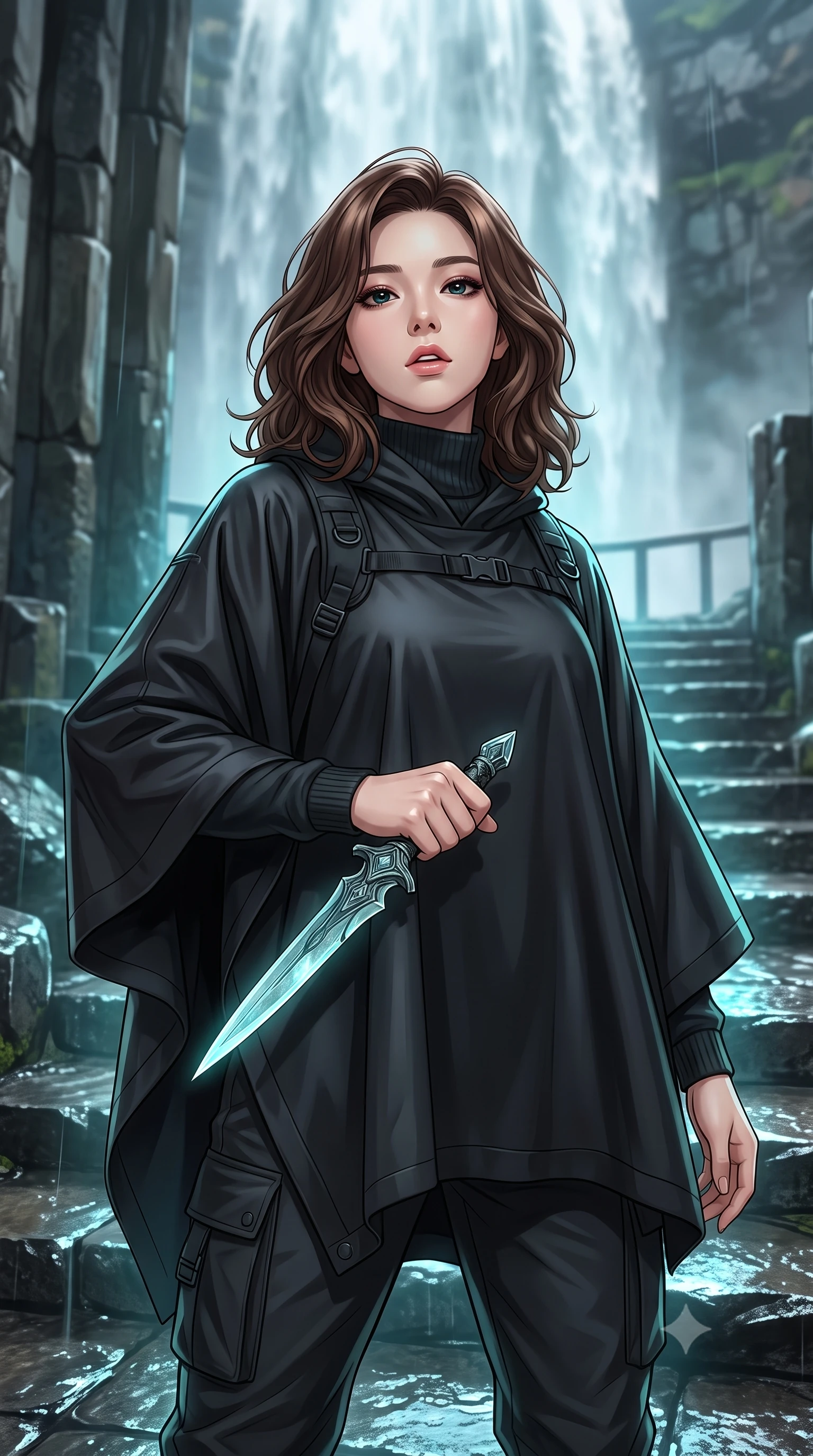 score_9, masterpiece, best quality, ultra-detailed, high-budget anime keyframe, editorial fashion photography, tasteful artistic composition, Korean woman. close-up cowboy shot from the waist and thighs up, the character dominates the composition, filling the frame with her large presence, background elements kept in soft focus. pointing a crystal-edged laser dagger forward in a defensive stance, tilting her chin up slightly with lips parted in a composed pose, the background shows a soft-focus a waterfall observation deck with basalt pillars and wet stone stairs. She has an exceptionally elegant, slender, and willowy female figure with an ultra-slim waist, a gracefully sculpted slender torso, and a refined silhouette. sharp v-shaped jawline, high-bridge nose, intricate jewel-like eyes with depth, thick eyelashes, glossy lips with a natural sheen. wearing a slim-fit tactical utility poncho in waterproof matte black fabric, worn over a high-neck utility sweater and cargo pants. cool aqua light reflecting from the waterfall onto wet stone and her armor. highly saturated vibrant anime colors, detailed shading with soft gradients, rich glossy textures, high-contrast stereoscopic depth, volumetric dynamic lighting, master piece, 9:16 ratio