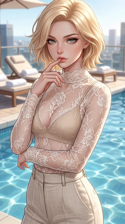score_9, masterpiece, best quality, ultra-detailed, high-budget anime keyframe, editorial fashion photography, tasteful artistic composition, Caucasian woman woman. close-up cowboy shot from the waist and thighs up, the character dominates the compos
