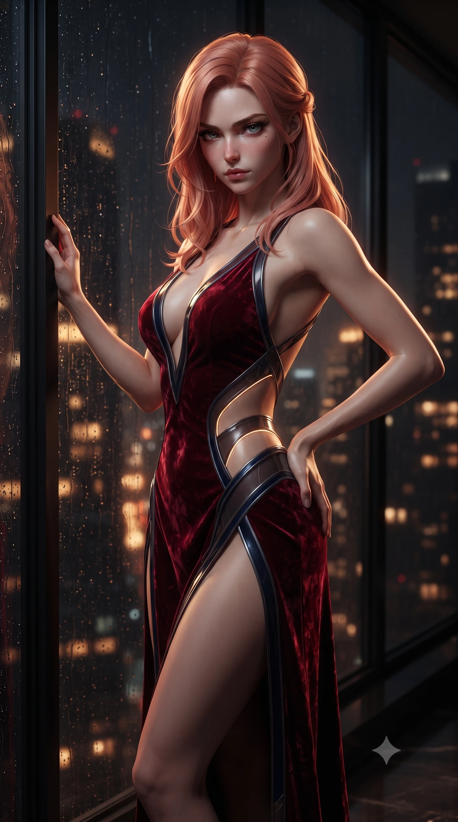 score_9, masterpiece, best quality, ultra-detailed, high-budget anime keyframe, editorial fashion photography, tasteful artistic composition, Japanese woman. close-up cowboy shot from the waist and thighs up, the character dominates the composition, filling the frame with her large presence. gazing directly into the lens with bedroom eyes and a breathtaking, dangerous allure that commands the entire dark composition while standing by panoramic glass windows overlooking a dark, rain-streaked metropolis with glowing amber city lights. The composition keeps background elements in soft focus with creamy bokeh. dark city skyscraper lights and rain streaks on panoramic glass blurred into glowing amber and charcoal bokeh. She has an exceptionally elegant, slender, and willowy female figure with an ultra-slim waist, a gracefully sculpted slender torso, toned flat midriff, and a refined slim silhouette. sharp v-shaped jawline, high-bridge nose, intricate jewel-like eyes with depth, thick eyelashes, glossy lips with a natural sheen, flawlessly proportioned anatomical accuracy, strict slender model proportions, natural body alignment, perfectly sculpted long slender limbs, ultra-slim waistline, clean dynamic posture without body distortion. wearing a backless deep blood-crimson crushed velvet gown with a deep plunging V-neckline, strategic hip cutouts, and an ultra-high thigh slit in midnight navy blue and shadowed silver trim, tailored from semi-translucent dark cybernetic vinyl with subtle glowing micro-filaments, complemented by criss-cross back straps highlighting her completely bare spine, the form-contouring material adhering flawlessly to her sculpted flat midriff and slender torso, emphasizing her long leg lines and perfectly proportioned willowy build. illuminated by sharp golden-amber rim lights tracing her ultra-slim waist, flat midriff, and sculpted collarbones. ultra-reflective glossy finish, specular highlights, dark metallic sheen, deep chiaroscuro contrast, volumetric dynamic shadow lighting, 2k, ultra detail, master piece, 9:16 ratio