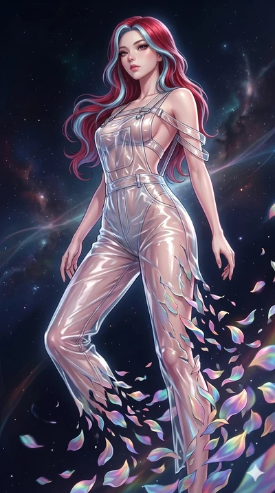 score_9, masterpiece, best quality, ultra-detailed, High-budget Anime Keyframe, East Asian woman. Low angle cowboy shot filling the entire 9:16 frame with her statuesque presence. Scenario 291: Dissolving into a cloud of iridescent silk petals in a v