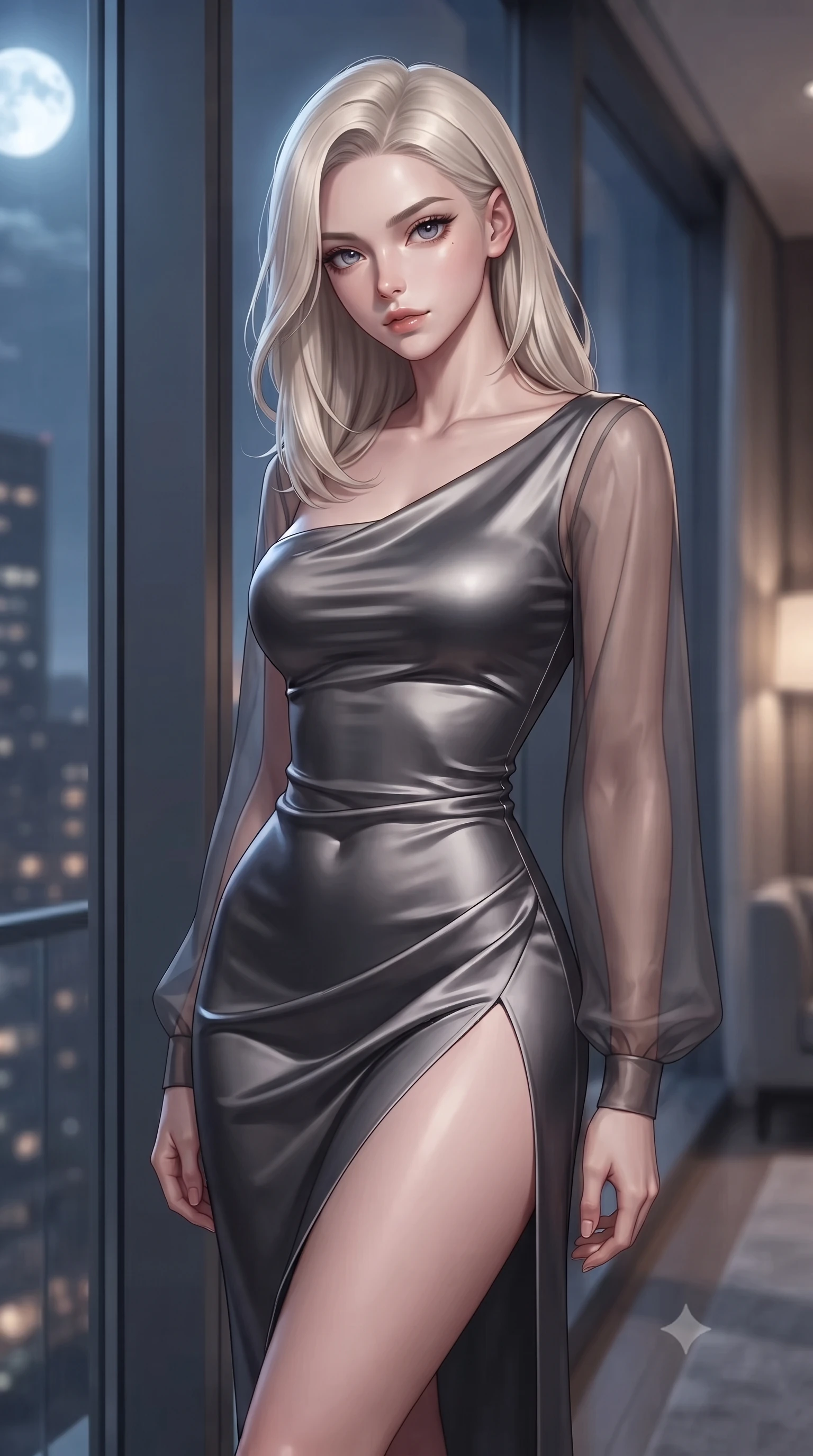 score_9, masterpiece, best quality, ultra-detailed, high-budget anime keyframe, editorial fashion photography, tasteful artistic composition, Caucasian woman. close-up cowboy shot from the waist and thighs up, the character dominates the composition, filling the frame with her large presence, background elements kept in soft focus. Leaning slightly forward with a composed, seductive gaze under soft glowing light leaning against a floor-to-ceiling panoramic glass window at midnight, soft moonlight tracing her slender shoulder and collarbone lines elegantly. She has an exceptionally elegant, slender, and willowy female figure with an ultra-slim waist, a gracefully sculpted slender torso, and a refined silhouette. sharp v-shaped jawline, high-bridge nose, intricate jewel-like eyes with depth, thick eyelashes, glossy lips with a natural sheen. wearing a sleek bodycon knit dress with sheer organza sleeve panels in charcoal grey and platinum, crafted from lustrous satin jersey with fluid draping, finished with a sleek side slit ascending to mid-thigh, the form-contouring material highlighting her ultra-slim waist and long lines. surrounded by a cozy, intimate glow with smooth high-contrast shading. highly saturated vibrant anime colors, detailed shading with soft gradients, rich glossy textures, high-contrast stereoscopic depth, volumetric dynamic lighting, master piece, 9:16 ratio