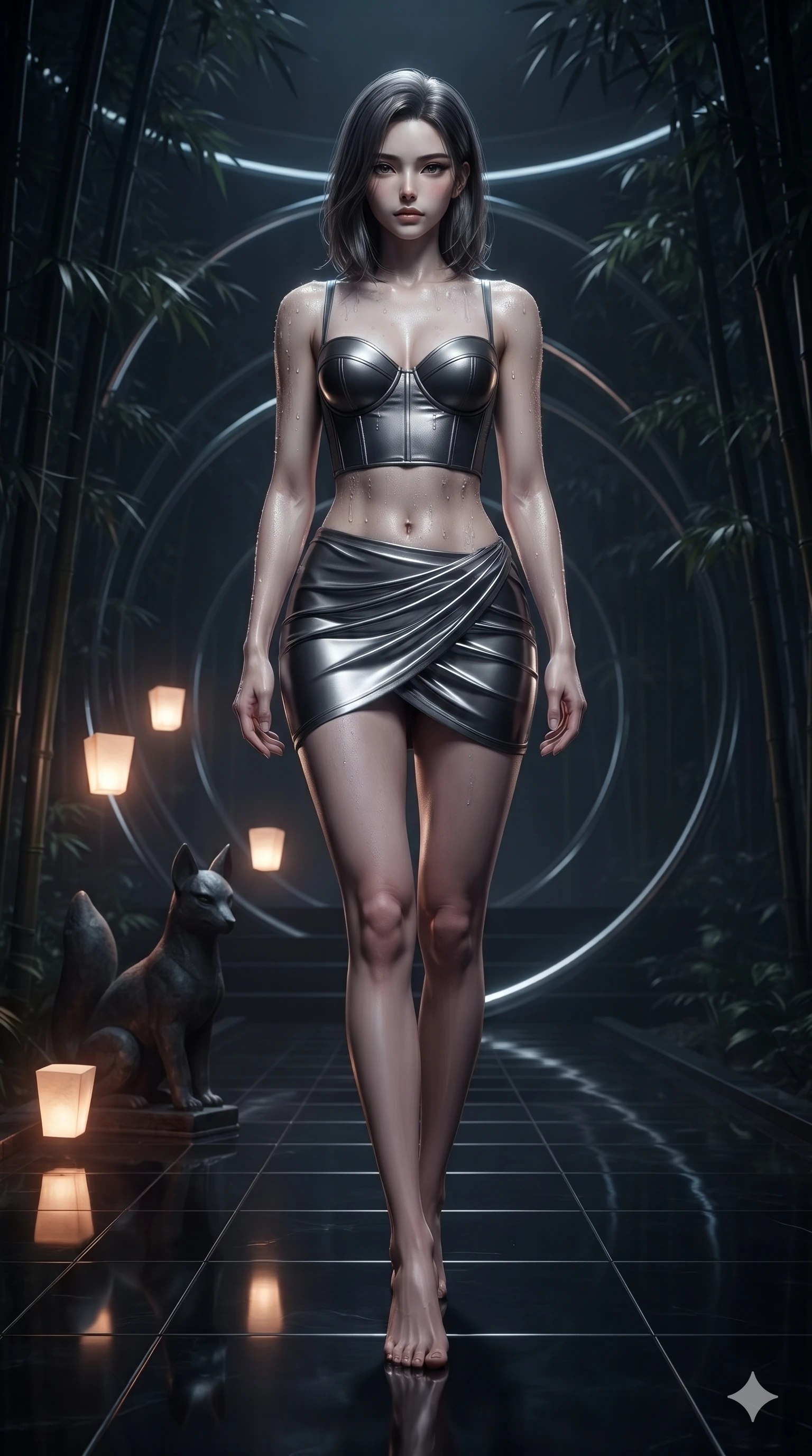 score_9, masterpiece, best quality, ultra-detailed, high-budget anime keyframe, editorial fashion photography, tasteful artistic composition, Korean woman. low angle full-body shot from head to toe showing her feet, filling the entire 9:16 vertical frame with her statuesque presence, stretching her vertical silhouette. poised on the dark reflective floor while laser grids scan the room, her statuesque silhouette commanding the frame while resting near a dark stone fox statue illuminated by floating spirit lanterns, shadowy bamboo stalks framing the dark path in soft focus. The surrounding environment is rendered in vivid detail and crisp panoramic clarity: detailed backless liquid vinyl slip dress cling, sculpted chrome rings, and occult sanctuary architecture in razor-sharp clarity. She has an absolutely perfect, statuesque 8.5-heads proportion, an exceptionally tall and slender model-like female figure with impossibly long slender legs, an ultra-slim waist, a flat toned midriff, narrow delicate ribcage, and beautifully sculpted feminine hips creating a graceful, slim hourglass silhouette without any bulky heaviness. sharp v-shaped jawline, high-bridge nose, intricate jewel-like dark sparkling eyes with hypnotic seductive depth, thick curled eyelashes, glossy parted lips with a natural wine sheen, alluring bedroom-eyes with an enigmatic smoldering smile, exuding magnetic sovereign charisma and dark avant-garde glamour, flawlessly proportioned anatomical accuracy, strict slender model proportions, natural body alignment, perfectly sculpted long slender limbs, ultra-slim waistline, clean dynamic posture without body distortion. wearing a structured underwire leather bustier top paired with an ultra-short draped wrap mini skirt in liquid mercury chrome and smoky quartz, made of fluid liquid jersey with seamless sculpting hold and smooth contours, finished with glistening moisture droplets beading across her sculpted shoulders and flat midriff, the liquid-tight tailored fabric clinging flawlessly to her narrow waist and rounded feminine hips, emphasizing every millimeter of her sculpted slim hourglass curves without any bulky heaviness. illuminated by spirit lantern cold ground bounce and sharp silver-cyan rim lights defining her razor-sharp jawline, narrow waist, and curvy hips. ultra-reflective glossy finish, specular highlights, metallic sheen, high-contrast stereoscopic depth, volumetric dynamic lighting, 2k, ultra detail, master piece, 9:16 ratio