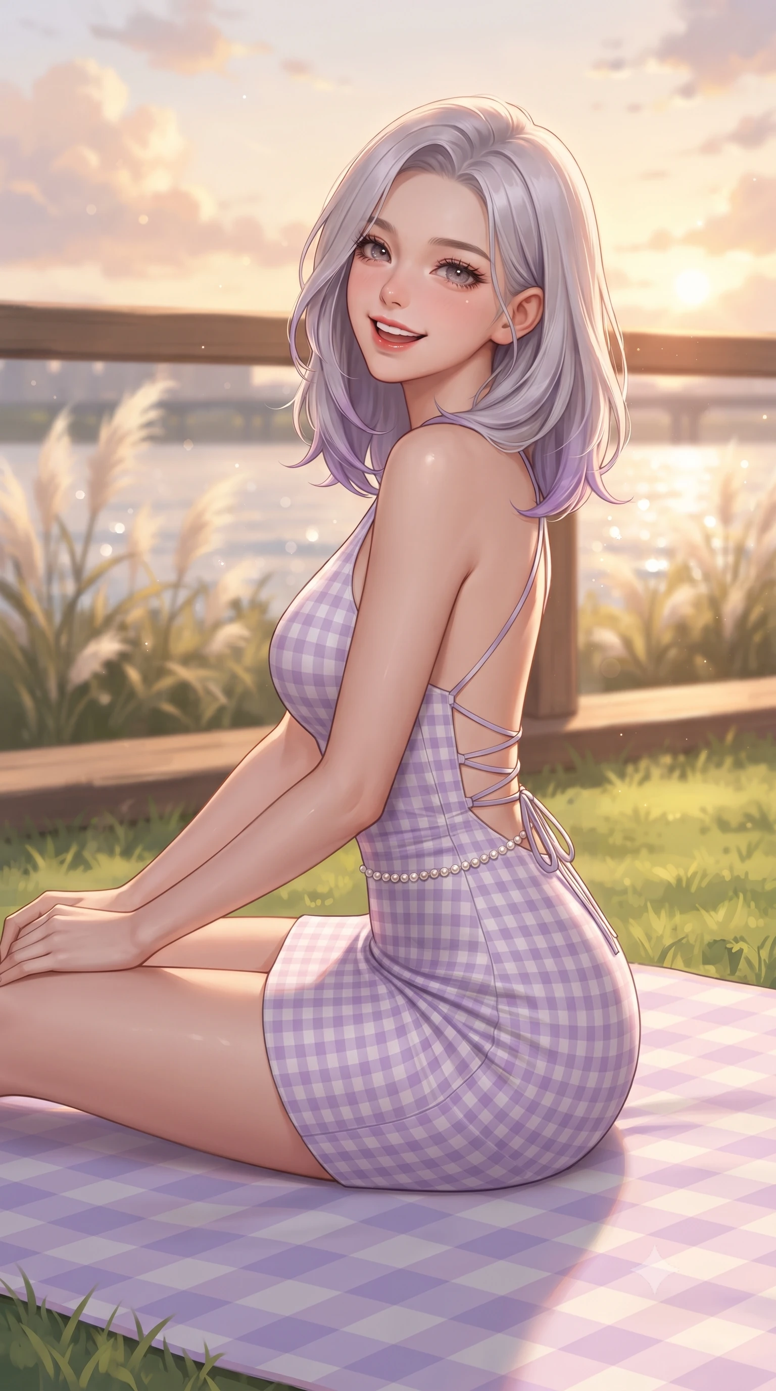 score_9, masterpiece, best quality, ultra-detailed, high-budget anime keyframe, editorial fashion photography, tasteful artistic composition, Caucasian woman. close-up cowboy shot from the waist and thighs up, the character dominates the composition, filling the frame with her large presence. leaning back against the sunlit railing with relaxed seductive grace, her flat midriff and narrow waist highlighted as she smiles brightly with bewitching eyes while sitting gracefully on a pastel checkered picnic mat on the green riverside lawn, arching her lower back with a playful, beaming smile. The composition keeps background elements in soft focus with dreamy creamy bokeh. swaying pampas grass, sparkling Han River water ripples, and glowing sunset clouds blurred into peach, apricot, and champagne bokeh. She has an exceptionally elegant, slender, and willowy female figure with an ultra-slim waist, flat toned midriff, narrow ribcage, and sculpted feminine hips creating an alluring, slim hourglass silhouette without bulk. sharp v-shaped jawline, high-bridge nose, intricate jewel-like sparkling eyes with depth, thick eyelashes, glossy parted lips with a natural peach sheen, bright cheerful beaming smile with an enchanting and coquettish sensual glint, exuding both youthful cute charm and seductive allure, flawlessly proportioned anatomical accuracy, strict slender model proportions, natural body alignment, perfectly sculpted long slender limbs, ultra-slim waistline, clean dynamic posture without body distortion. wearing a backless lace-up gingham sundress with a form-fitting bodice and hip-defining silhouette in delicate lavender violet and pearlescent white, tailored from crisp cotton poplin with clean structural lines, accented with a dainty pearl waist chain catching the ambient sunlight, the precision-cut side openings and low-back scoop framing her graceful spine and the sensual sweep of her slim, toned hips. illuminated by warm grass bounce light contouring her sculpted collarbones, ultra-slim waist, and curvy hips. ultra-reflective glossy finish, specular highlights, rich textural contrasts, high-contrast stereoscopic depth, volumetric dynamic lighting, 2k, ultra detail, master piece, 9:16 ratio