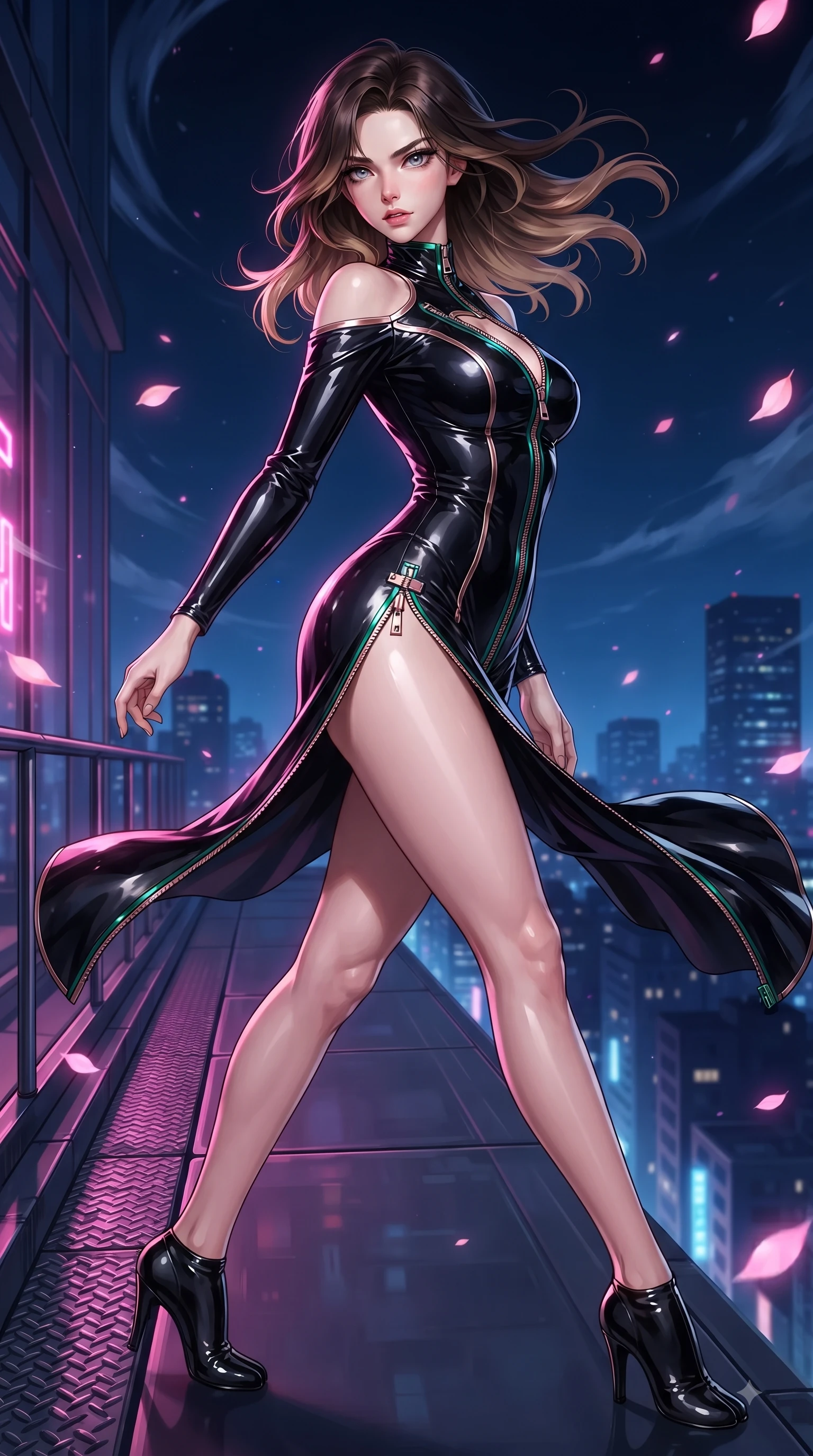 score_9, masterpiece, best quality, ultra-detailed, high-budget anime keyframe, editorial fashion photography, tasteful artistic composition, Korean woman. low angle full-body shot from head to toe showing her feet, filling the entire 9:16 vertical frame with her statuesque presence, stretching her vertical silhouette. pivoting dynamically in mid-motion with a breathtakingly alluring posture, displaying her flawless model proportions and ultra-slim waist while twisting her upper body dramatically at the building edge as high-altitude winds whip her hair and outfit. The surrounding environment is rendered in vivid detail and crisp panoramic clarity. high-altitude wind vortexes and detailed metallic railing textures captured with environmental sharpness. She has an absolutely perfect, statuesque 8.5-heads proportion, an exceptionally tall and slender model-like female figure with impossibly long slender legs and an ultra-slim waist. sharp v-shaped jawline, high-bridge nose, intricate jewel-like eyes with depth, thick eyelashes, glossy lips with a natural sheen, flawlessly proportioned anatomical accuracy, natural body alignment, perfectly sculpted elegant limbs, clean dynamic posture without body distortion. wearing a glossy black second-skin latex bodysuit with high-thigh cuts, exposed clavicle neckline, and gleaming zipper details in emerald green and metallic rose gold trim, formed from high-gloss patent material with specular light reflections, finished with an ultra-high side slit secured by miniature magnetic clasps, the liquid-tight fabric adhering flawlessly to her sculpted torso and slender silhouette. illuminated by electric pink neon glow from sakura petals and deep blue urban night fill. ultra-reflective glossy finish, specular highlights, metallic sheen, high-contrast stereoscopic depth, volumetric dynamic lighting, 2k, ultra detail, master piece, 9:16 ratio