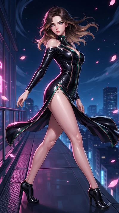 score_9, masterpiece, best quality, ultra-detailed, high-budget anime keyframe, editorial fashion photography, tasteful artistic composition, Korean woman. low angle full-body shot from head to toe showing her feet, filling the entire 9:16 vertical f