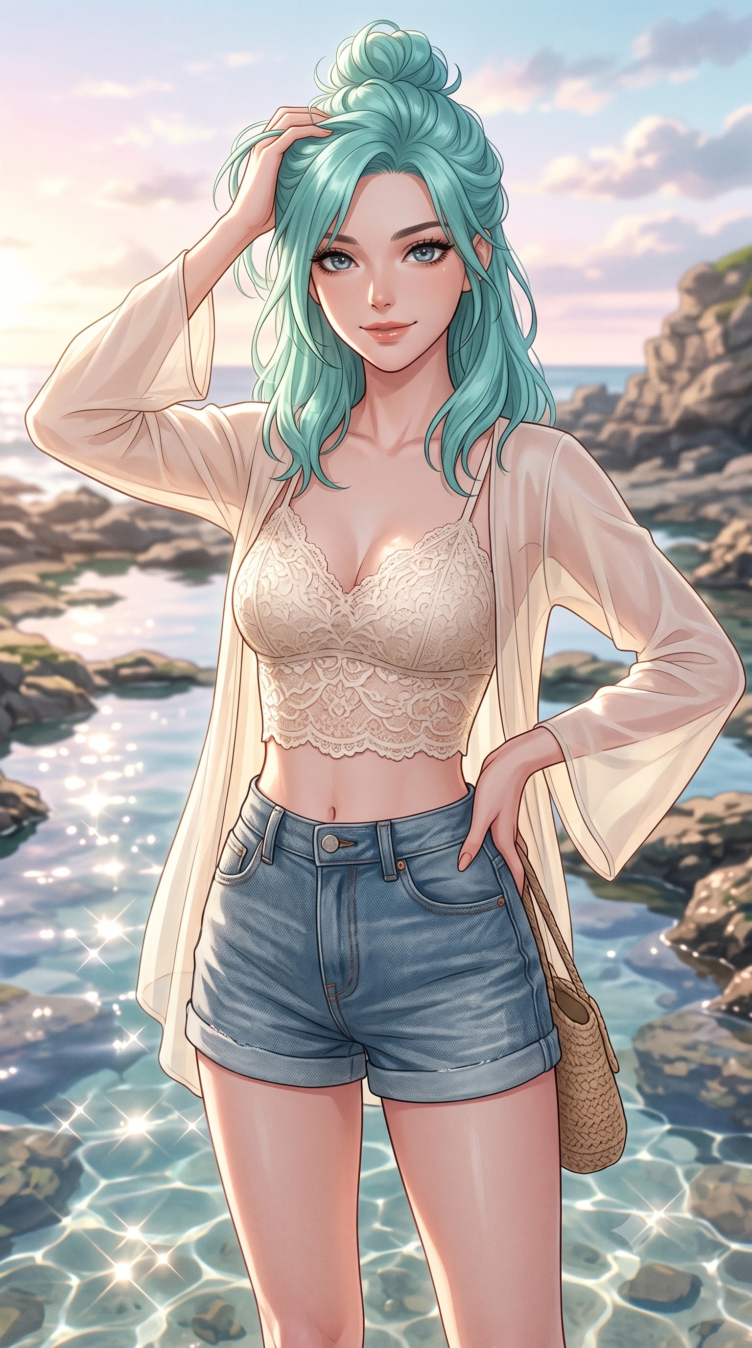 score_9, masterpiece, best quality, ultra-detailed, high-budget anime keyframe, editorial fashion photography, tasteful artistic composition, Japanese woman woman. close-up cowboy shot from the waist and thighs up, the character dominates the composition, filling the frame with her large presence, background elements kept in soft focus. smiling with quiet, magnetic self-assurance directly into the camera, running a hand through her hair the background shows a soft-focus a rocky coastal shoreline with clear tide pools reflecting the sky and clouds. She has an exceptionally elegant, slender, and willowy female figure with an ultra-slim waist, a gracefully sculpted slender torso, and a refined silhouette. sharp v-shaped jawline, high-bridge nose, intricate jewel-like eyes with depth, thick eyelashes, glossy lips with a natural sheen. wearing a body-hugging delicate lace crop top in cream, worn under a semi-opaque chiffon cardigan and denim shorts. bright morning sun rays creating sparkling glints on the water pool. 2k, ultra detail, master piece, 9:16 ratio