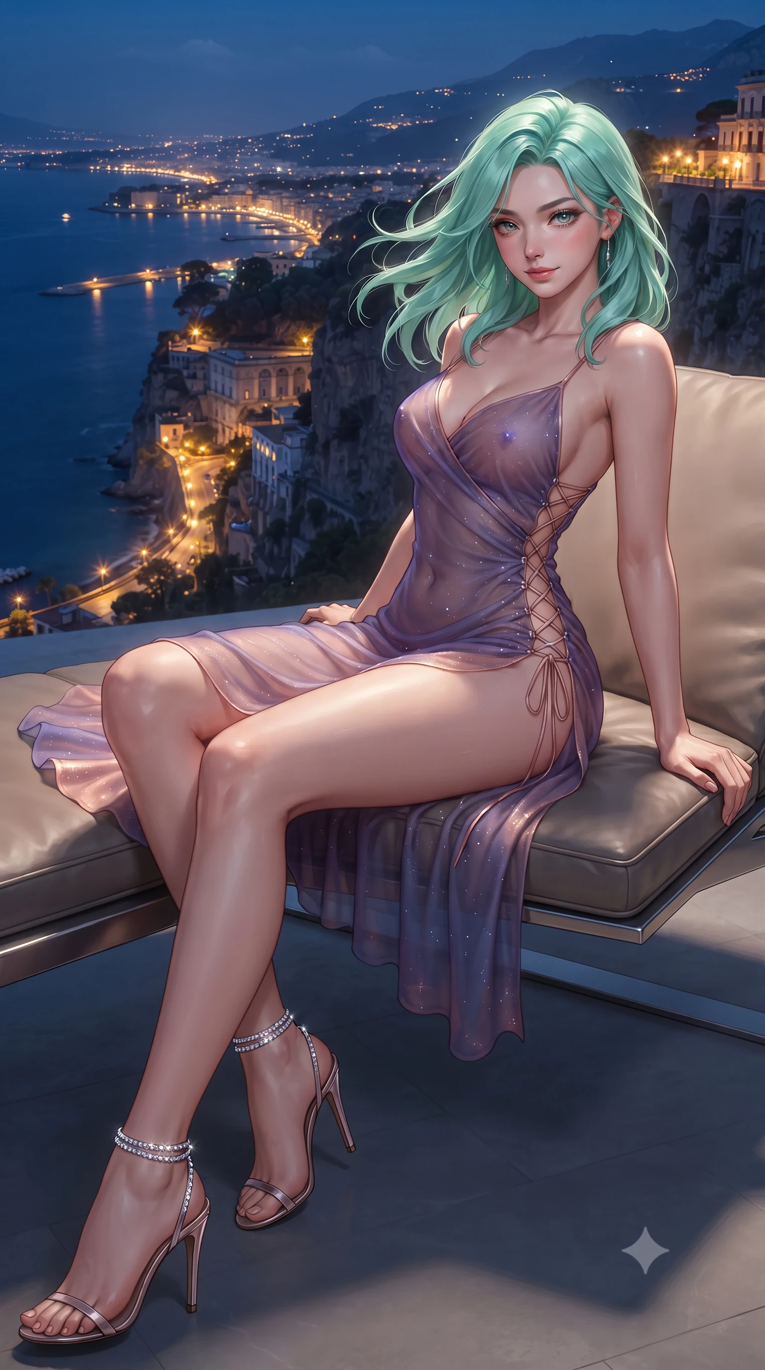 score_9, masterpiece, best quality, ultra-detailed, high-budget anime keyframe, editorial fashion photography, tasteful artistic composition, Japanese woman. close-up cowboy shot from the waist and thighs up, the character dominates the composition, filling the frame with her large presence. turning slowly with an enchanting smoldering smile, her glossy hair tossing in the breeze as her hips angle gracefully in a captivating contrapposto while lounging in the modern minimalist leather lounge seat propped on one elbow, her statuesque 8.5-heads silhouette commanding the nocturnal Bay of Naples. The surrounding environment is rendered in vivid detail and crisp panoramic clarity: detailed alluring sheer illusion mesh gown, liquid silver ribbons contouring flat midriff, and cliffside engineering in high resolution. She has an exceptionally elegant, slender, and willowy female figure with an ultra-slim waist, flat toned midriff, narrow ribcage, and sculpted feminine hips creating an alluring, slim hourglass silhouette without bulk. sharp v-shaped jawline, high-bridge nose, intricate jewel-like sparkling eyes with depth, thick eyelashes, glossy parted lips with a natural peach sheen, bright cheerful beaming smile with an enchanting and coquettish sensual glint, exuding both youthful cute charm and seductive allure, flawlessly proportioned anatomical accuracy, strict slender model proportions, natural body alignment, perfectly sculpted long slender limbs, ultra-slim waistline, clean dynamic posture without body distortion. wearing an alluring sheer gossamer slip dress with side lace-up corset ties revealing glimpses of her hip curve in orbital nebula violet and luminescent rose gold, made of sheer gossamer chiffon that drapes softly against skin with airy translucence, complemented by strappy stiletto sandals with crystal ankle wraps accentuating her slender calves, the liquid-tight tailored fabric clinging flawlessly to her narrow waist and rounded feminine hips, emphasizing every millimeter of her sculpted slim hourglass curves without any bulky heaviness. bathed in the dynamic blue-hour and midnight bay ambient contrasted with thousands of warm golden city lights along the Naples coast. ultra-reflective glossy finish, specular highlights, rich textural contrasts, high-contrast stereoscopic depth, volumetric dynamic lighting, 2k, ultra detail, master piece, 9:16 ratio