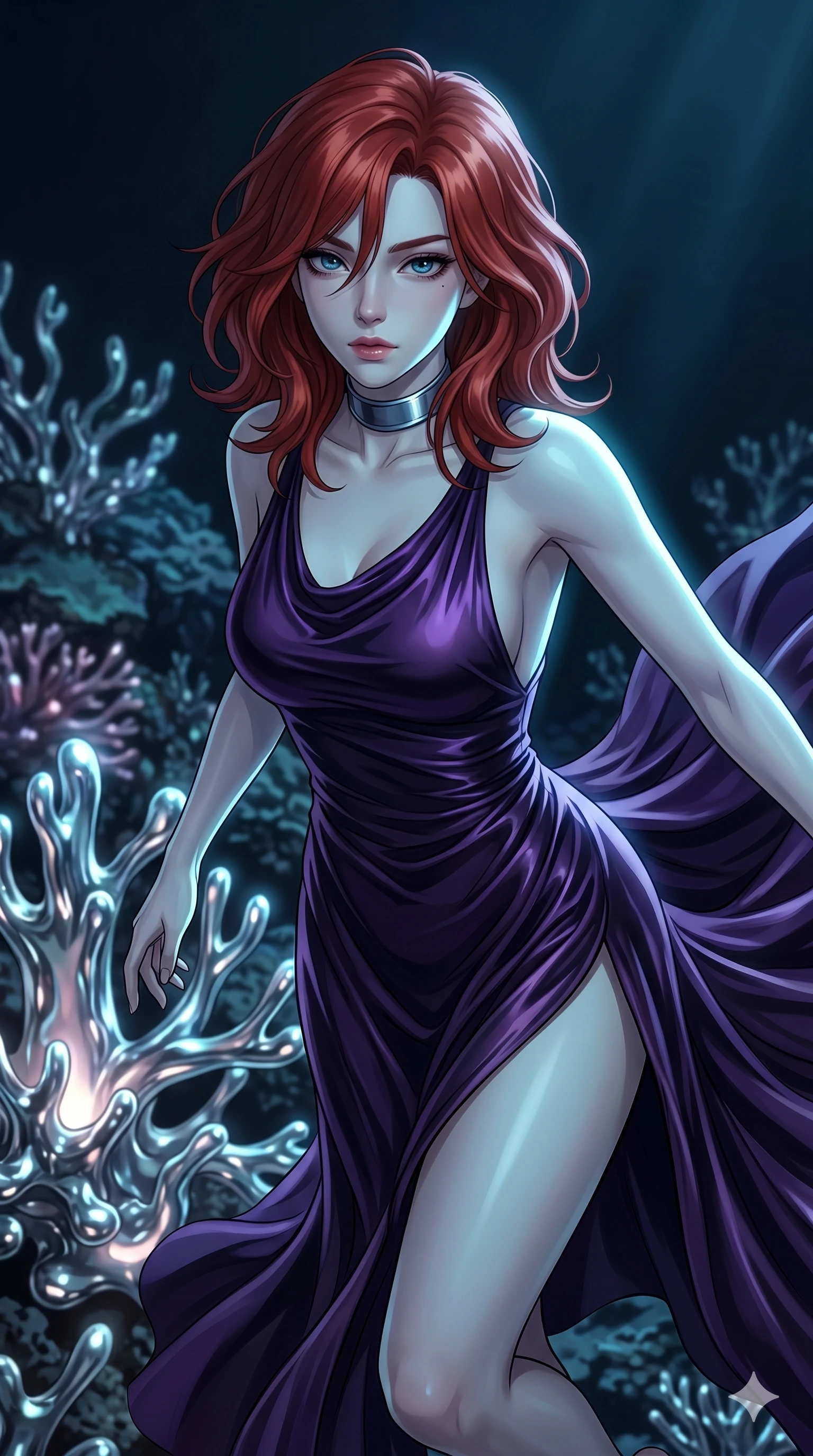 score_9, masterpiece, best quality, ultra-detailed, high-budget anime keyframe, Korean woman. upper body close-up from the thighs up, character filling the screen for maximum presence. diving through a bionic fluid mercury reef where self-replicating liquid chrome corals pulse under dark ocean water. She has an absolutely perfect 8-heads proportion, an exceptionally tall and slender female figure with impossibly long slender legs and an ultra-slim waist. V-shaped jawline, high-bridge nose, intricate jewel-like eyes with depth, thick eyelashes, glossy lips with a natural sheen.. wearing a gothic liquid silk gown, featuring a deep purple liquid silk maxi gown draped around her, secured by a metallic choker collar, with a high side slit. lit by a soft glowing ambient light and a sharp side key light that traces the sleek contours of her athletic build. 2k, ultra detail, master piece, 9:16 ratio