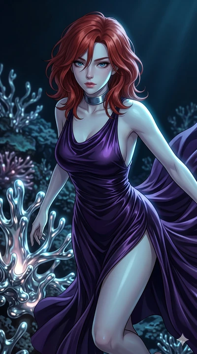 score_9, masterpiece, best quality, ultra-detailed, high-budget anime keyframe, Korean woman. upper body close-up from the thighs up, character filling the screen for maximum presence. diving through a bionic fluid mercury reef where self-replicating
