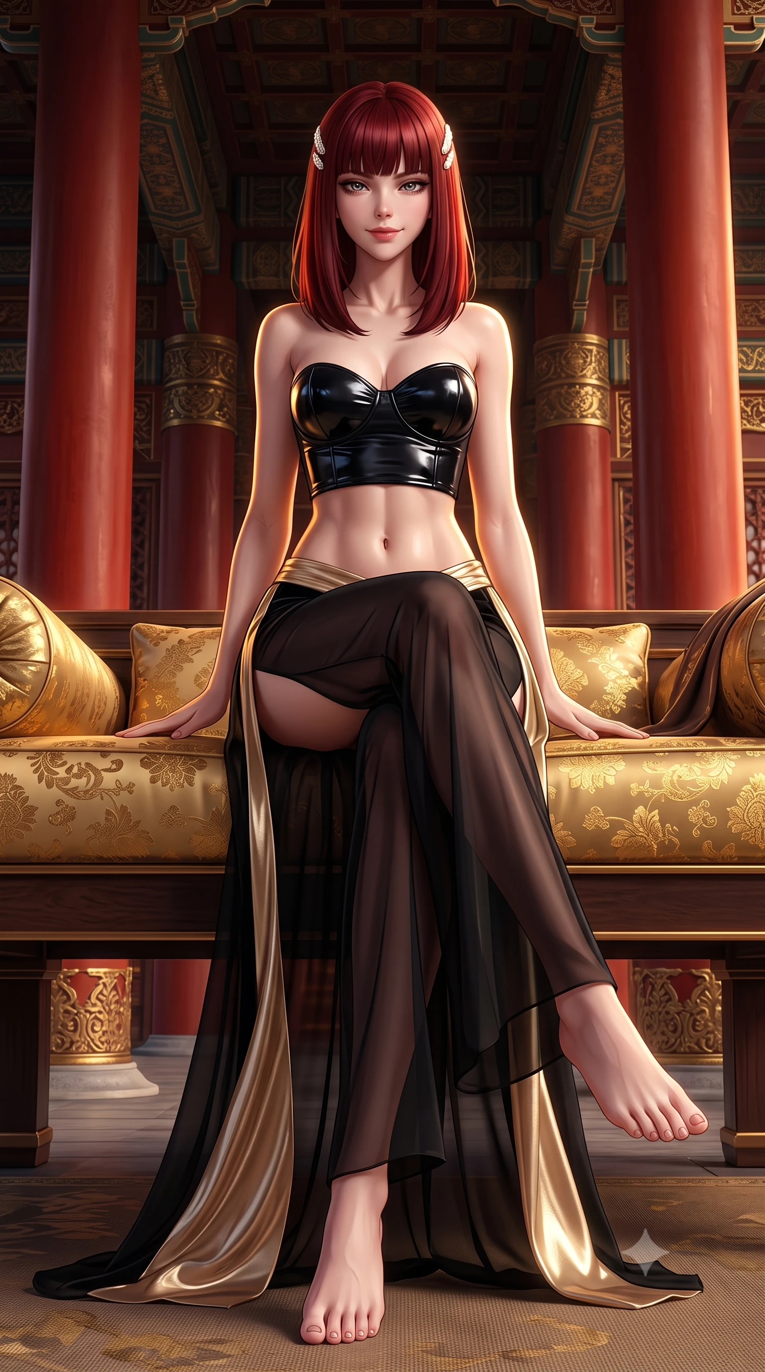 score_9, masterpiece, best quality, ultra-detailed, high-budget anime keyframe, semi-realistic 3D game render, editorial fashion photography, tasteful artistic composition, Caucasian woman. low angle full-body shot from head to toe showing her feet, filling the entire 9:16 vertical frame with her statuesque presence, stretching her vertical silhouette. lounging on the lavish daybed with legs crossed and hips angled toward the camera, displaying her toned midriff and long slender limbs with effortless siren poise while standing between massive vermilion pillars along the grand palace veranda, arching her lower back with sovereign queenly grace. The surrounding environment is rendered in vivid detail and crisp panoramic clarity: detailed gold-leaf stamped silk fabric, dewy skin highlights, and royal palace colonnade architecture in high resolution. She has an absolutely perfect, statuesque 8.5-heads proportion, an exceptionally tall and slender model-like female figure with impossibly long slender legs, an ultra-slim waist, a flat toned midriff, narrow delicate ribcage, and beautifully sculpted feminine hips creating a graceful, slim hourglass silhouette without any bulky heaviness. sharp v-shaped jawline, high-bridge nose, sparkling eyes with hypnotic seductive depth, thick curled eyelashes, glossy parted lips with a natural dewy peach sheen, alluring bedroom-eyes with an enchanting coquettish smile, exuding magnetic siren charisma and sophisticated glamour, flawlessly proportioned anatomical accuracy, strict slender model proportions, natural body alignment, perfectly sculpted long slender limbs, ultra-slim waistline, clean dynamic posture without body distortion. wearing a strapless wet-look vinyl bustier paired with sheer chiffon high-slit trousers in midnight obsidian black and shimmering liquid champagne gold, tailored from ultra-plush velvet with rich tactile depth and deep shadow gradients, finished with delicate mother-of-pearl hairpin ornaments glinting in her dark glossy hair, the liquid-tight tailored fabric clinging flawlessly to her narrow waist and rounded feminine hips, emphasizing every millimeter of her sculpted slim hourglass curves without any bulky heaviness. illuminated by brazier firelight fill and sharp golden rim lights sculpting her jawline, flat midriff, and voluptuous hip curves. highly saturated vibrant anime colors, detailed shading with soft gradients, rich glossy textures, high-contrast stereoscopic depth, volumetric dynamic lighting, master piece, 9:16 ratio
