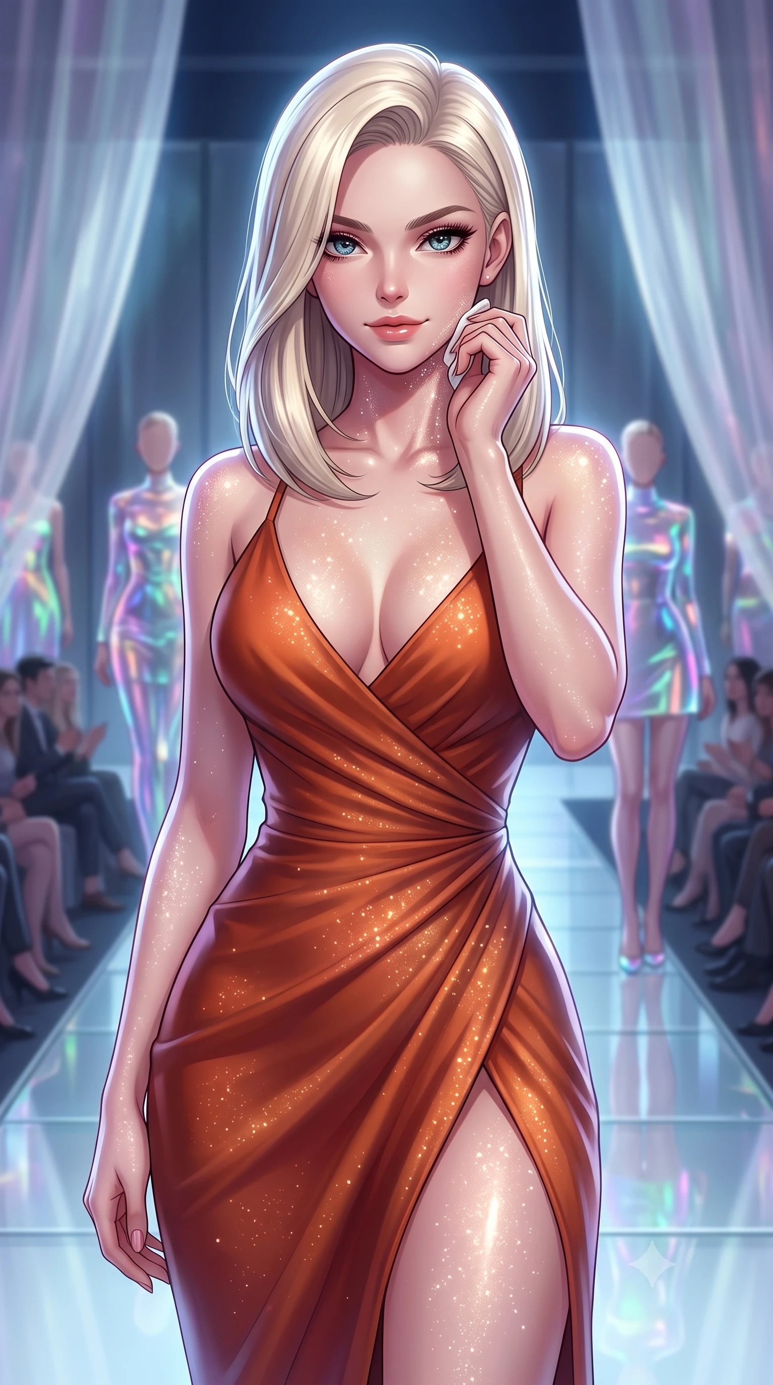 score_9, masterpiece, best quality, ultra-detailed, high-budget anime keyframe, editorial fashion photography, tasteful artistic composition, Caucasian woman, strictly human ears. close-up cowboy shot from the waist and thighs up, the character dominates the composition, filling the frame with her large presence, background elements kept in soft focus. Defiantly wiping oil and stardust from her jawline with a confident, victorious smirk. set against a soft-focus background of a fashion show stage made of glass, reflecting holographic clothes worn by models, the audience in soft focus. She has an exceptionally elegant and slender, willowy female figure with an ultra-slim waist, a gracefully sculpted slender torso, and a refined slim physique. sharp v-shaped jawline, high-bridge nose, intricate jewel-like eyes with depth, thick eyelashes, glossy lips with a natural sheen. wearing catching and diffusing the glowing particles, shimmering softly in response to the surrounding light, a form-contouring asymmetric wrap-front dress in burnt orange, featuring a deep neckline and a thigh slit. highly saturated vibrant anime colors, intense vivid color palette, soft 3D volumetric shading, volumetric dynamic lighting, cold silver moonlight filtered through translucent gossamer curtains casting delicate shadows. 2k, ultra detail, master piece, 9:16 ratio