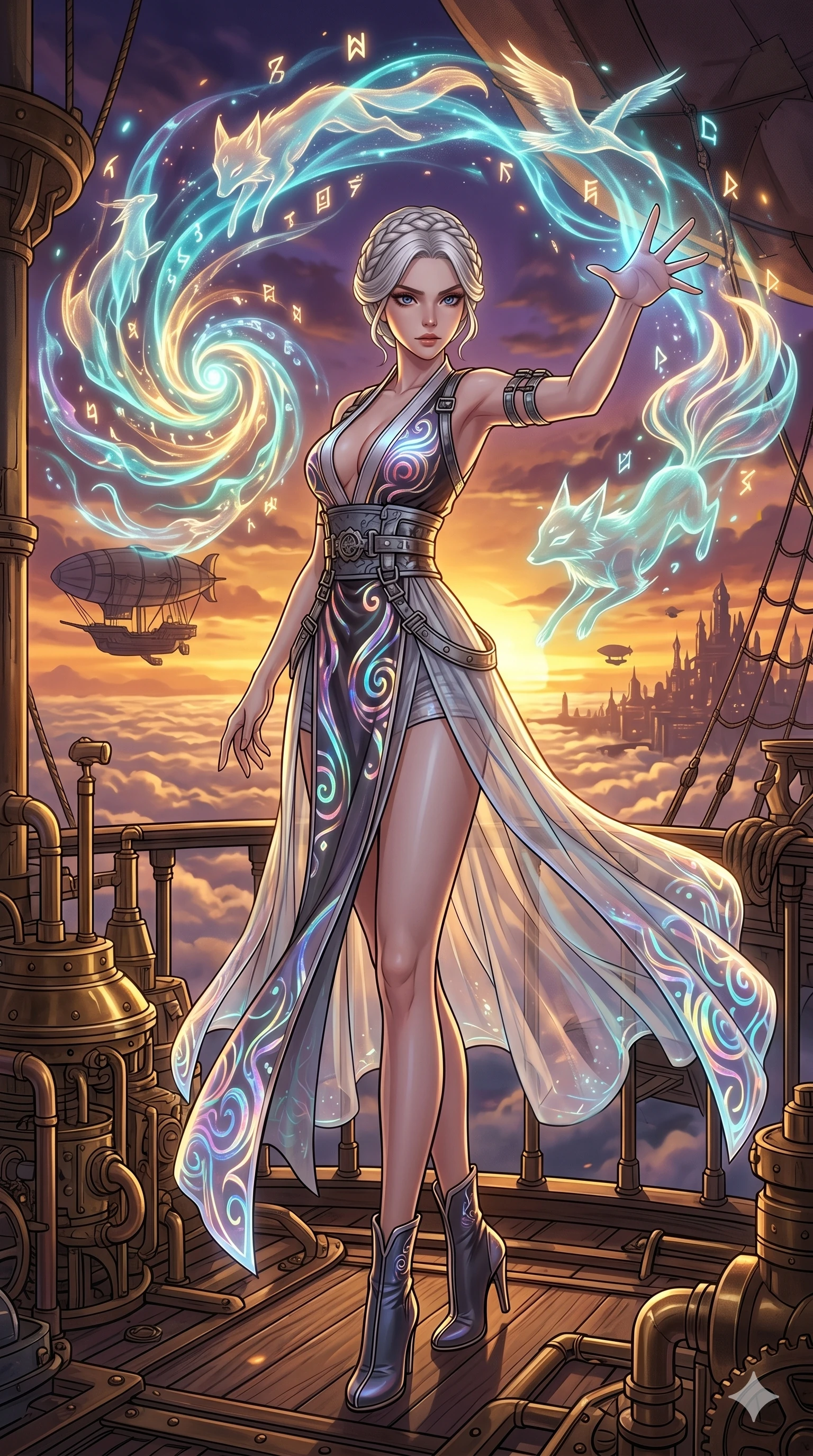 score_9, masterpiece, best quality, ultra-detailed, high-budget anime movie keyframe, cinematic anime lighting, intricate line art, Caucasian (strictly human ears) woman. Dynamic full-body shot stretching the vertical silhouette across the 9:16 frame. summoning mystical spirits in a steampunk airship deck during a golden sunset. She has an absolutely perfect 8-heads proportion, an exceptionally tall and slender female figure with an ultra-slim waist and impossibly long slender legs. sharp v-shaped jawline, high-bridge nose, intricate jewel-like eyes, thick eyelashes, glossy lips. Wearing modernized deep-plunging silk hanbok-fusion with metallic straps, a high-slit sheer skirt over micro-shorts, and holographic embroidered patterns. The scene is illuminated by dramatic atmospheric lighting and vibrant color palettes. , 2k, ultra detail, master piece, 9:16 ratio