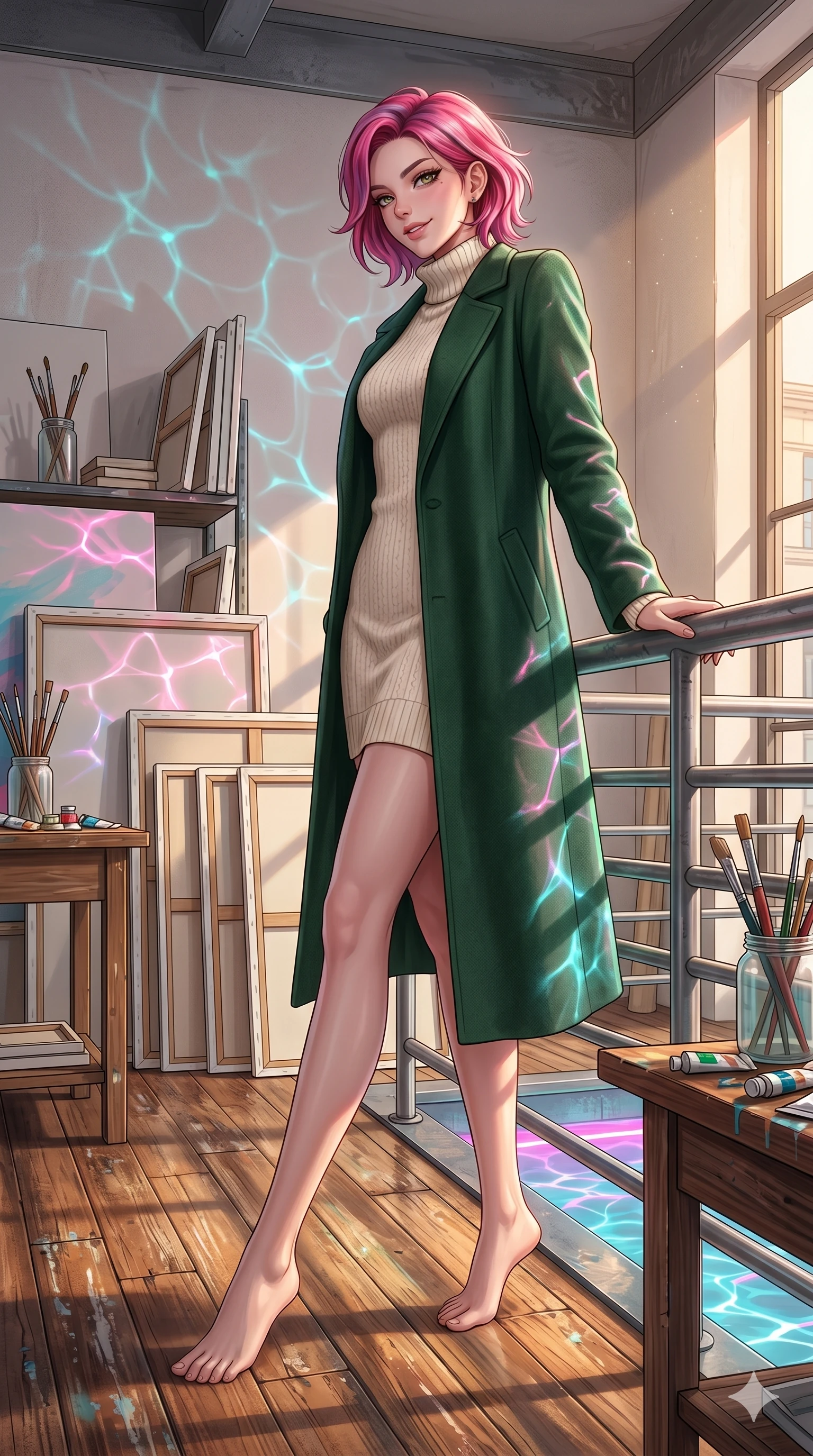 score_9, masterpiece, best quality, ultra-detailed, high-budget anime keyframe, editorial fashion photography, tasteful artistic composition, Caucasian woman, strictly human ears. low angle full-body shot from head to toe showing her feet, filling the entire 9:16 vertical frame with her statuesque presence, stretching her vertical silhouette. leaning against the metal railing, looking over her shoulder with a magnetic, teasing half-smile in a quiet, sunlit art studio filled with blank canvases and brushes (Code-P18-052). She has an absolutely perfect 8-heads proportion, an exceptionally tall and slender female figure with impossibly long slender legs and an ultra-slim waist. V-shaped jawline, high-bridge nose, intricate jewel-like eyes with depth, thick eyelashes, glossy lips with a natural sheen. wearing a cozy high-neck turtleneck dress under a wool coat. neon pink and cyan reflections from the pool water casting shimmering light patterns. 2k, ultra detail, master piece, 9:16 ratio