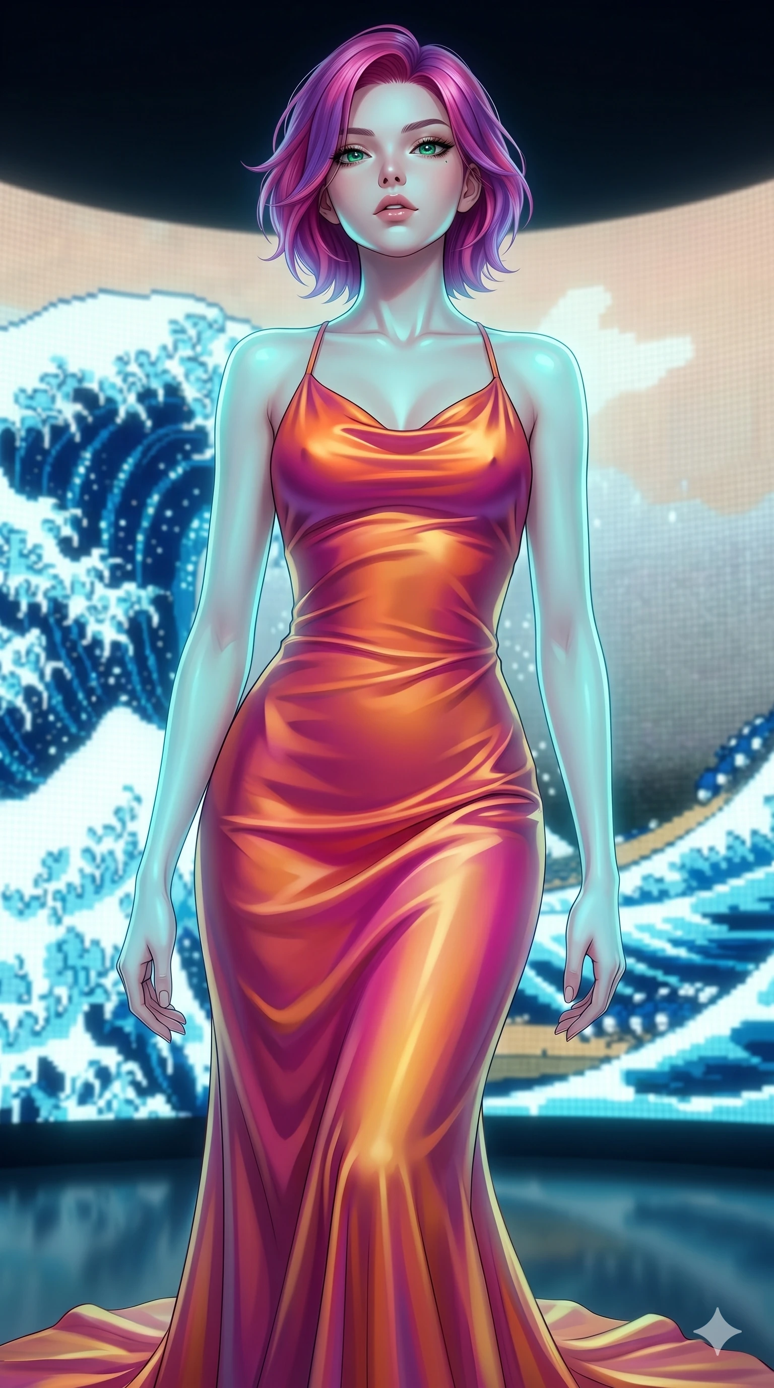 score_9, masterpiece, best quality, ultra-detailed, high-budget anime keyframe, editorial fashion photography, tasteful artistic composition, Caucasian woman, strictly human ears. close-up cowboy shot from the waist and thighs up, the character dominates the composition, filling the frame with her large presence, background elements kept in soft focus. Tilting her chin up slightly with lips parted in a composed expression. set against a soft-focus background of inside a circular room where a massive rendition of Hokusai's Great Wave is rendered in luminous digital pixels that crash reform and cycle endlessly around the curved walls in perpetual motion. She has an exceptionally elegant and slender, willowy female figure with an ultra-slim waist, a gracefully sculpted slender torso, and a refined slim physique. sharp v-shaped jawline, high-bridge nose, intricate jewel-like eyes with depth, thick eyelashes, glossy lips with a natural sheen. wearing a liquid silk charmeuse gown in a sunset gradient of orange, magenta, and gold, clinging and pooling along her tall, slender silhouette. soft aqua bioluminescent light making her skin luminously glow against darkness. 2k, ultra detail, master piece, 9:16 ratio