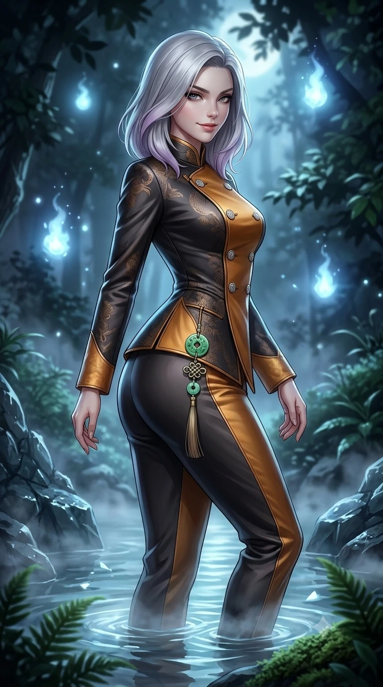 score_9, masterpiece, best quality, ultra-detailed, high-budget anime keyframe, semi-realistic 3D game render, editorial fashion photography, tasteful artistic composition, Caucasian woman. close-up cowboy shot from the waist and thighs up, the character dominates the composition, filling the frame with her large presence. twisting her slender torso in a deep contrapposto stance, hips dramatically shifted to accentuate her feminine curves while looking past her shoulder with smoldering bedroom-eyes while stepping gracefully through the misty spring waters, her long slender legs and curvy hourglass hips commanding the mystical grove. The surrounding environment is rendered in vivid detail and crisp panoramic clarity: sharp wet stone textures, crystal water surface refraction, and soft velvet moss fronds in deep focus. She has an exceptionally elegant, slender, and willowy female figure with an ultra-slim waist, flat toned midriff, narrow ribcage, and sculpted feminine hips creating an alluring, slim hourglass silhouette without bulk. sharp v-shaped jawline, high-bridge nose, sparkling eyes with hypnotic seductive depth, thick curled eyelashes, glossy parted lips with a natural dewy peach sheen, alluring bedroom-eyes with an enchanting coquettish smile, exuding magnetic siren charisma and sophisticated glamour, flawlessly proportioned anatomical accuracy, strict slender model proportions, natural body alignment, perfectly sculpted long slender limbs, ultra-slim waistline, clean dynamic posture without body distortion. wearing a tailored double-breasted silk brocade pantsuit with mandarin collar and mother-of-pearl dragon crest buttons in smoked agarwood charcoal and warm honey amber, tailored from smooth liquid silk satin with a natural dewy moonlight sheen, finished with authentic carved jade pendants and traditional norigae knots, the impeccably tailored cut draping gracefully along her slender figure with aristocratic eastern poise. surrounded by a mysterious dark spiritual aura with pale blue floating spirit fires and cool moonlight. highly saturated vibrant anime colors, detailed shading with soft gradients, rich glossy textures, high-contrast stereoscopic depth, volumetric dynamic lighting, master piece, 9:16 ratio