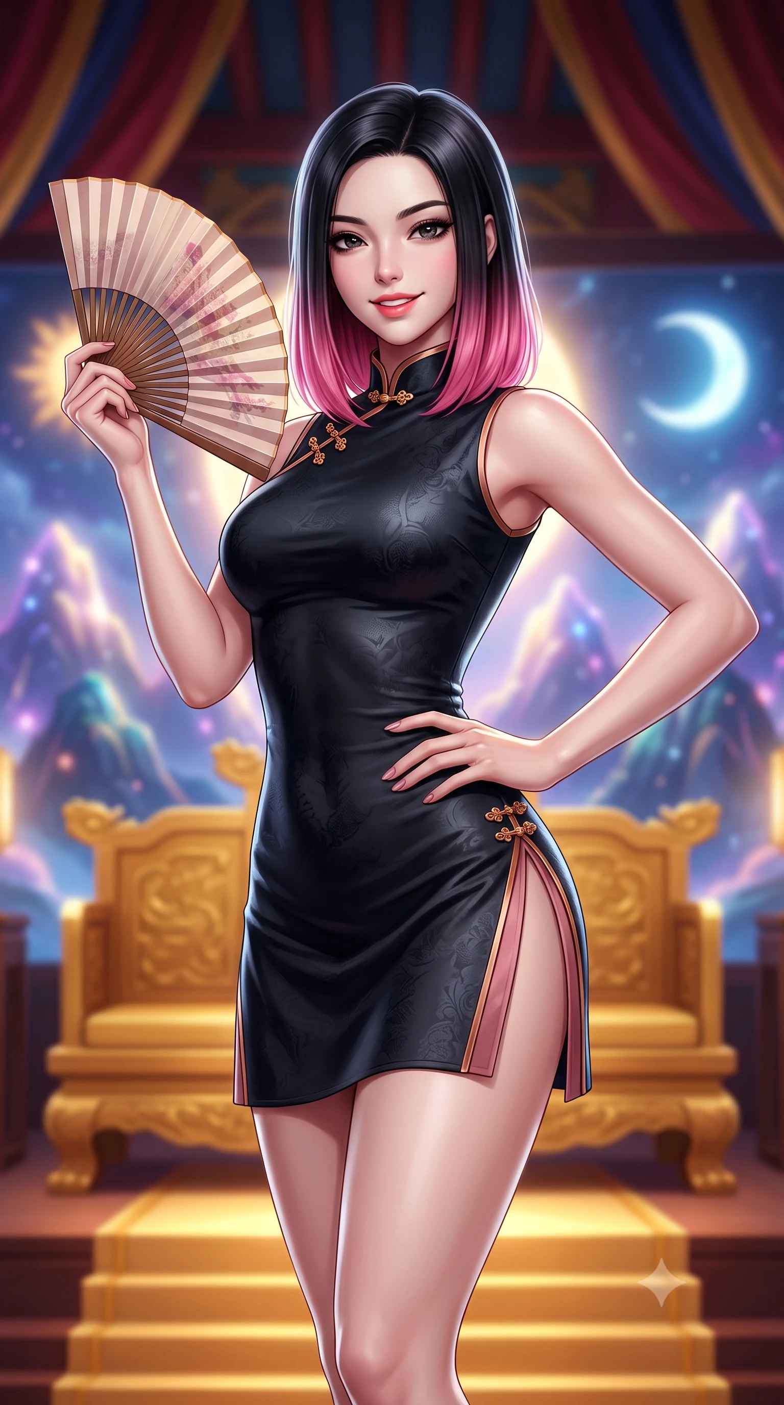 score_9, masterpiece, best quality, ultra-detailed, high-budget anime keyframe, semi-realistic 3D game render, editorial fashion photography, tasteful artistic composition, Korean woman. close-up cowboy shot from the waist and thighs up, the character dominates the composition, filling the frame with her large presence. twisting her slender torso in an alluring contrapposto stance, one hand resting on her sculpted hip while holding a traditional silk folding fan with effortless poise while standing poised before the elevated golden throne dais, arching her spine with sovereign empress majesty as holographic cosmic peaks glow. The background shows a soft-focus the colossal holographic Sun, Moon, and Five Peaks screen and soaring royal ceiling rafters blurred into imperial crimson, sapphire, and gold bokeh. She has an exceptionally elegant, slender, and willowy female figure with an ultra-slim waist, flat toned midriff, narrow ribcage, and sculpted feminine hips creating an alluring, slim hourglass silhouette without bulk. sharp v-shaped jawline, high-bridge nose, intricate jewel-like dark sparkling almond eyes with depth, thick lashes, glossy parted lips with a natural rose-plum sheen, bright alluring and coquettish smile with bedroom-eyes, exuding both timeless oriental elegance and sovereign high-fashion allure, flawlessly proportioned anatomical accuracy, strict slender model proportions, natural body alignment, perfectly sculpted long slender limbs, ultra-slim waistline, clean dynamic posture without body distortion. wearing a form-contouring high-neck modern cheongsam mini dress in midnight black jacquard silk with daring double side hip slits in dusty rose pink and burnished copper, tailored from smooth celadon raw silk with natural organic slub texture, accented with intricate gold frog buttons and a delicate mandarin collar, the liquid-tight tailored silk fabric clinging flawlessly to her narrow waist and rounded feminine hips, emphasizing every millimeter of her sculpted slim hourglass curves without any bulky heaviness. illuminated by under-floor warm uplighting and sharp platinum rim lights carving her razor-sharp jawline, narrow waist, and curvy hips. highly saturated vibrant anime colors, detailed shading with soft gradients, rich glossy textures, high-contrast stereoscopic depth, volumetric dynamic lighting, master piece, 9:16 ratio