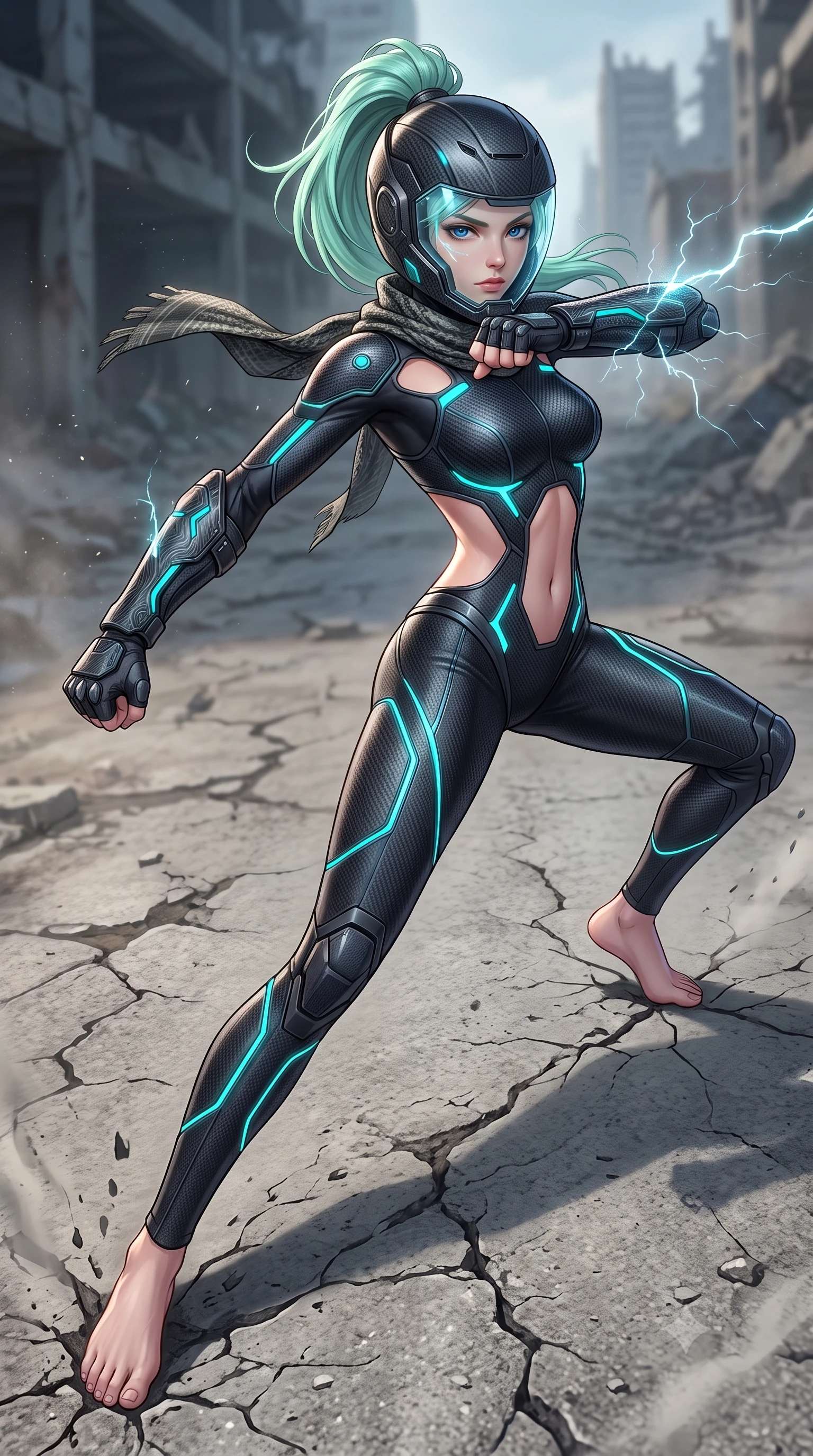 score_9, masterpiece, best quality, ultra-detailed, high-budget anime keyframe, semi-realistic 3D game render, editorial fashion photography, tasteful artistic composition, Japanese woman. low angle full-body shot from head to toe showing her feet, filling the entire 9:16 vertical frame with her statuesque presence, stretching her vertical silhouette. pivoting dynamically in a high-speed low sweep kick along the cracked concrete, her athletic torso and ultra-slim waist twisting in a fluid arc of power while arching her spine in a fluid motion as she parries an unseen shockwave with her reinforced kinetic forearm bracers. The surrounding environment is rendered in vivid detail and crisp panoramic clarity. detailed tactical scarf weave, lightning discharge filaments, and armor joint articulation in high clarity. She has an absolutely perfect, statuesque 8.5-heads proportion, an exceptionally tall and slender model-like female figure with impossibly long slender legs, a toned flat midriff, and an ultra-slim waist. sharp v-shaped jawline, high-bridge nose, intricate jewel-like eyes with depth, thick eyelashes, glossy lips with a natural sheen, fierce and resolute heroine expression, flawlessly proportioned anatomical accuracy, strict slender model proportions, natural body alignment, perfectly sculpted long slender limbs, ultra-slim waistline, clean dynamic posture without body distortion. wearing an open-face aerodynamic carbon-fiber combat helmet with a retracted transparent holographic HUD visor framing her sharp jawline and jewel-like eyes, paired with a skin-tight dark carbon-weave combat bodysuit with glowing neon energy conduits and reinforced Damascus-pattern forearm strike guards in matte battle-worn obsidian carbon with electric cyan hazard conduits, made of lightweight aerodynamic carbon-titanium alloy with precision-beveled armor seams, featuring a sleek aerodynamic collar framed by subtle glowing cybernetic status LEDs, the precision-cut daring openings accentuating her delicate midriff, graceful bare collarbones, and ultra-slim feminine waistline. surrounded by a solitary, monumental, and sacredly resilient post-apocalyptic guardian aura. rich saturated anime colors with glowing neon highlights, detailed shading with soft gradients, rich glossy textures, high-contrast stereoscopic depth, volumetric dynamic lighting, master piece, 9:16 ratio