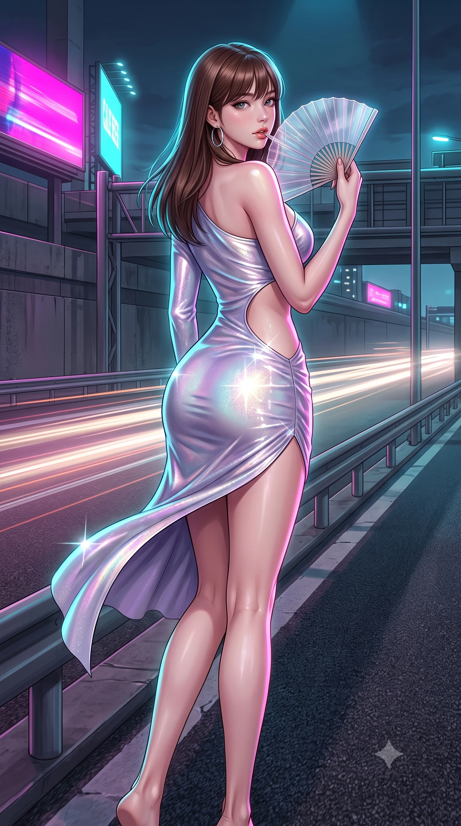 score_9, masterpiece, best quality, ultra-detailed, high-budget anime keyframe, semi-realistic 3D game render, editorial fashion photography, tasteful artistic composition, Korean woman. low angle full-body shot from head to toe showing her feet, filling the entire 9:16 vertical frame with her statuesque presence, stretching her vertical silhouette. executing a slow, graceful pivot turn as her skirt sways around her slender legs, glancing back with an enchanting, teasing sensual expression while twisting her slender torso in an alluring S-curve, neon billboards casting vibrant magenta and cyan streaks across her narrow waist and hips. The surrounding environment is rendered in vivid detail and crisp panoramic clarity: detailed leatherette/lamé fabric weave, metallic hoop earring shine, and late-80s highway infrastructure in razor-sharp precision. She has an absolutely perfect, statuesque 8.5-heads proportion, an exceptionally tall and slender model-like female figure with impossibly long slender legs, an ultra-slim waist, a flat toned midriff, narrow delicate ribcage, and beautifully sculpted feminine hips creating a graceful, slim hourglass silhouette without any bulky heaviness. sharp v-shaped jawline, high-bridge nose, sparkling eyes with hypnotic seductive depth, thick curled eyelashes, glossy parted lips with a natural dewy peach sheen, alluring bedroom-eyes with an enchanting coquettish smile, exuding magnetic siren charisma and sophisticated glamour, flawlessly proportioned anatomical accuracy, strict slender model proportions, natural body alignment, perfectly sculpted long slender limbs, ultra-slim waistline, clean dynamic posture without body distortion. wearing an asymmetric one-shoulder metallic disco mini dress with a dramatic side cutout hugging her waist and hips in iridescent mother-of-pearl and misty lavender, woven from stretch metallic lurex jersey casting radiant starlight glints across her silhouette, finished with a transparent silk folding fan held gracefully near her glossy parted lips, the liquid-tight tailored fabric clinging flawlessly to her narrow waist and rounded feminine hips, emphasizing every millimeter of her sculpted slim hourglass curves without any bulky heaviness. illuminated by passing car headlight streaks and sharp electric-cyan rim lights defining her razor-sharp jawline, narrow waist, and curvy hips. highly saturated vibrant anime colors, detailed shading with soft gradients, rich glossy textures, high-contrast stereoscopic depth, volumetric dynamic lighting, master piece, 9:16 ratio