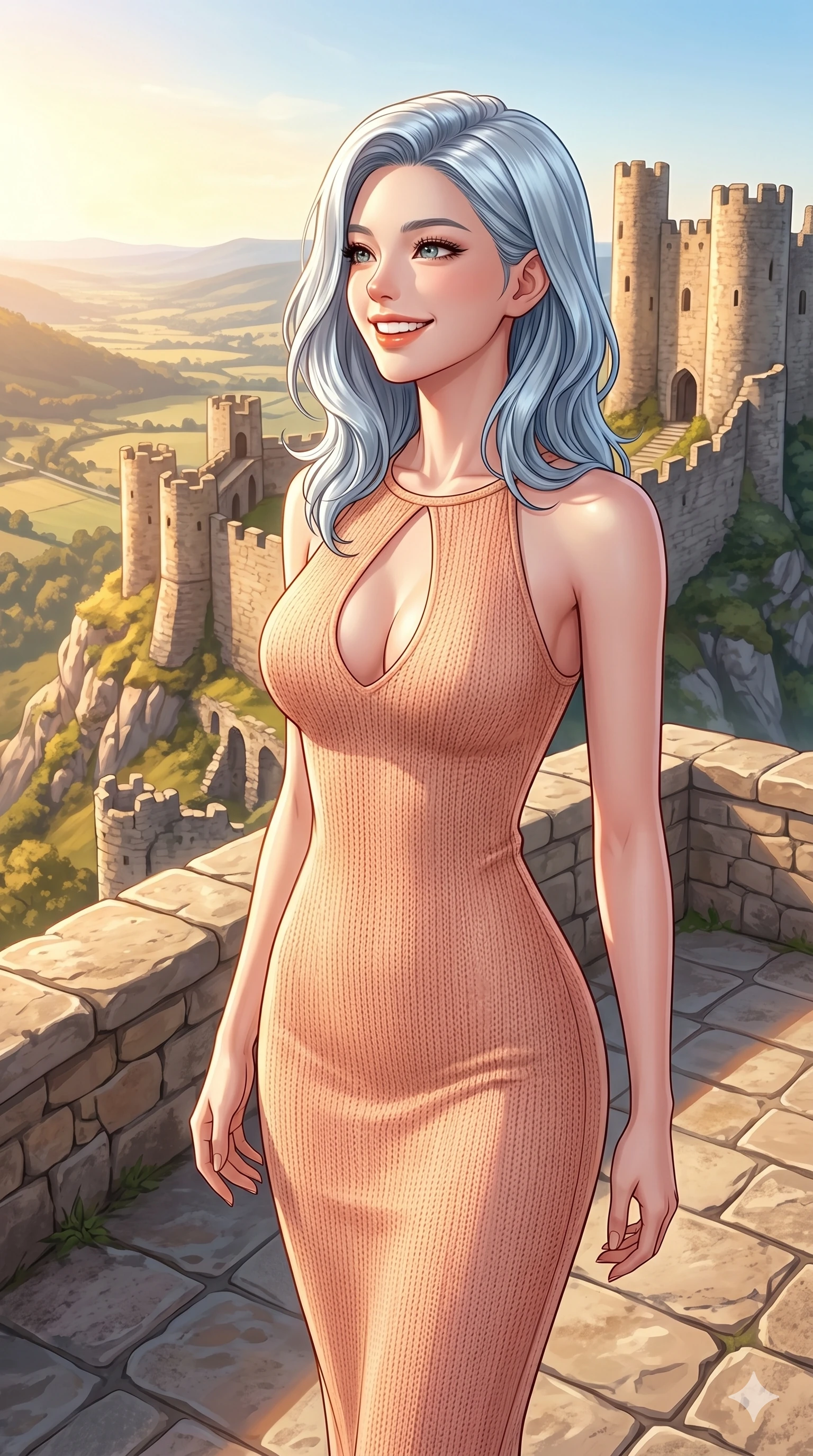 score_9, masterpiece, best quality, ultra-detailed, high-budget anime keyframe, editorial fashion photography, tasteful artistic composition, Korean woman. cowboy shot from the thighs up, character and outfit filling the frame for maximum editorial presence. looking out at the valley with a bright, inspired smile and happy eyes standing on a stone viewing deck of a castle on a hill. She has an absolutely perfect 8-heads proportion, an exceptionally tall and slender female figure with impossibly long slender legs and an ultra-slim waist. V-shaped jawline, high-bridge nose, intricate jewel-like eyes with depth, thick eyelashes, glossy lips with a natural sheen. wearing a peach-colored knit dress with an elegant keyhole cutout and bare shoulders. drenched in brilliant afternoon sunshine casting warm rays over the castle ruins. 2k, ultra detail, master piece, 9:16 ratio