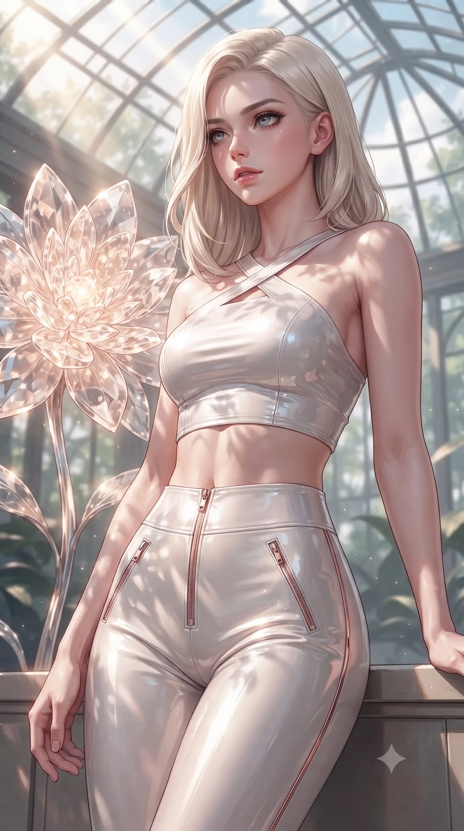 score_9, masterpiece, best quality, ultra-detailed, high-budget anime keyframe, editorial fashion photography, tasteful artistic composition, Caucasian woman. close-up cowboy shot from the waist and thighs up, the character dominates the composition, filling the frame with her large presence, background elements kept in soft focus. Gazing past the camera with an air of effortless elegance and mysterious confidence resting near a giant solar-powered crystal flower emitting soft warm light, intense volumetric sunbeams filtering through the glass ceiling. She has an exceptionally elegant, slender, and willowy female figure with an ultra-slim waist, a gracefully sculpted slender torso, and a refined silhouette. sharp v-shaped jawline, high-bridge nose, intricate jewel-like eyes with depth, thick eyelashes, glossy lips with a natural sheen. wearing a glossy vinyl crop top and high-waist tailored leggings with sleek zippers in pearl white and rose gold, tailored from high-gloss patent leather, complemented by criss-cross back straps highlighting her bare shoulders, the elegant draped fit framing her graceful clavicle and slender torso. illuminated by brilliant sunbeams casting organic leaf stencil shadows. ultra-reflective glossy finish, specular highlights, metallic sheen, high-contrast stereoscopic depth, volumetric dynamic lighting, 2k, ultra detail, master piece, 9:16 ratio