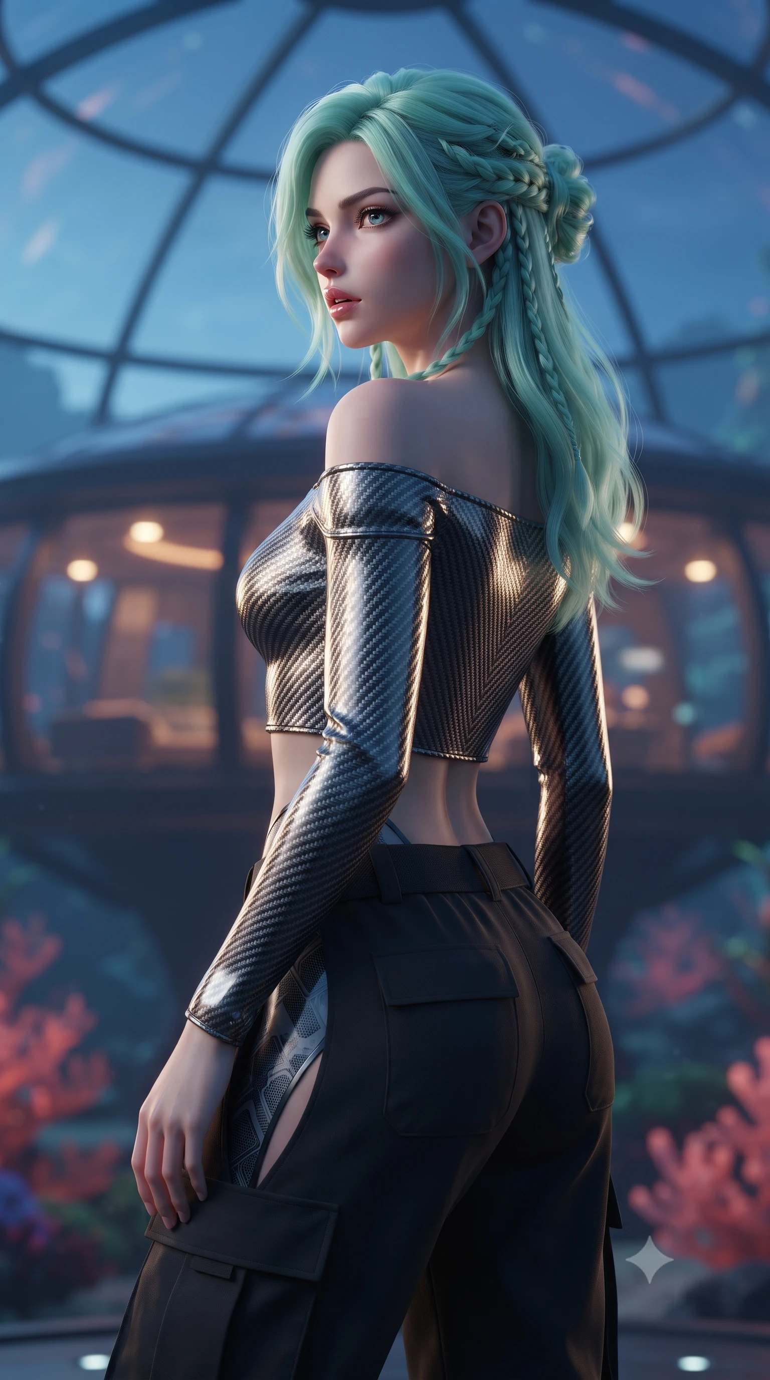 score_9, masterpiece, best quality, ultra-detailed, high-budget anime keyframe, editorial fashion photography, tasteful artistic composition, Japanese woman. close-up cowboy shot from the waist and thighs up, the character dominates the composition, filling the frame with her large presence, background elements kept in soft focus. turning her face in profile to look over her shoulder, casting a smoldering side gaze with lips slightly parted, the background shows a soft-focus an undersea dome veranda overlooking a canyon of glowing coral at dusk. She has an exceptionally elegant, slender, and willowy female figure with an ultra-slim waist, a gracefully sculpted slender torso, and a refined silhouette. sharp v-shaped jawline, high-bridge nose, intricate jewel-like eyes with depth, thick eyelashes, glossy lips with a natural sheen. wearing a slim-fit off-shoulder carbon-fiber armor top paired with high-slit tactical cargo pants, showing her delicately sculpted midriff. cool blue twilight sky contrasting with warm interior lights of the dome. ultra-reflective glossy finish, specular highlights, metallic sheen, high-contrast stereoscopic depth, volumetric dynamic lighting, 2k, ultra detail, master piece, 9:16 ratio