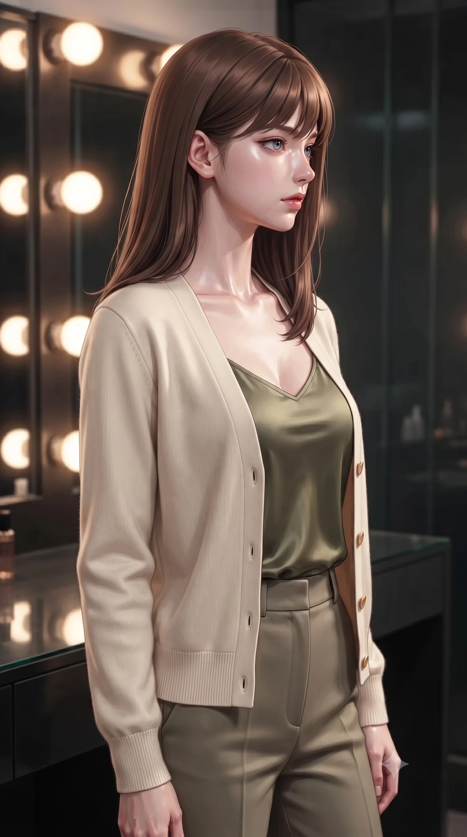 score_9, masterpiece, best quality, ultra-detailed, high-budget anime keyframe, editorial fashion photography, tasteful artistic composition, Korean woman woman. close-up cowboy shot from the waist and thighs up, the character dominates the composition, filling the frame with her large presence, background elements kept in soft focus. turning her face in sharp profile, casting a cold, mysterious, yet intensely alluring side gaze, the background shows a soft-focus a private dressing room with a vanity mirror of black glass and warm round lightbulbs. She has an exceptionally elegant, slender, and willowy female figure with an ultra-slim waist, a gracefully sculpted slender torso, and a refined silhouette. sharp v-shaped jawline, high-bridge nose, intricate jewel-like eyes with depth, thick eyelashes, glossy lips with a natural sheen. wearing a tailored comfortable cream knit cardigan worn over an olive green silk camisole and tailored trousers. bright vanity spotlights casting clear, detailed front lighting and soft back shadow. ultra-reflective glossy finish, specular highlights, metallic sheen, high-contrast stereoscopic depth, volumetric dynamic lighting, 2k, ultra detail, master piece, 9:16 ratio