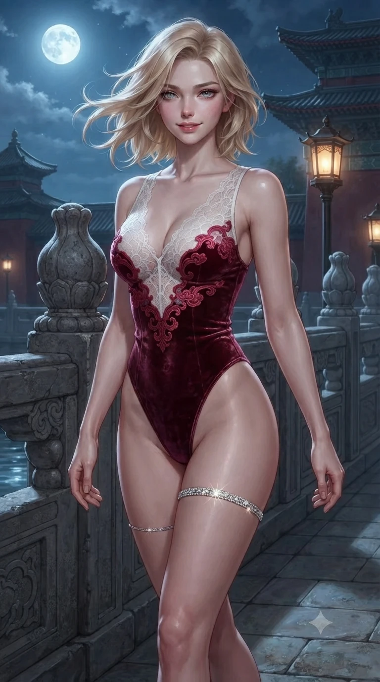 score_9, masterpiece, best quality, ultra-detailed, high-budget anime keyframe, editorial fashion photography, tasteful artistic composition, Caucasian woman. close-up cowboy shot from the waist and thighs up, the character dominates the composition, filling the frame with her large presence. turning slowly with an enchanting smoldering smile, her glossy hair tossing in the breeze as her hips angle gracefully in a captivating contrapposto while walking slowly along the palace moat balustrade with feline poise, her long slender legs and curvy hips commanding the frame. The surrounding environment is rendered in vivid detail and crisp panoramic clarity: sharp dressed stone pier masonry, carved granite arch relief work, and water surface ripple clarity in deep focus. She has an exceptionally elegant, slender, and willowy female figure with an ultra-slim waist, flat toned midriff, narrow ribcage, and sculpted feminine hips creating an alluring, slim hourglass silhouette without bulk. sharp v-shaped jawline, high-bridge nose, sparkling eyes with hypnotic seductive depth, thick curled eyelashes, glossy parted lips with a natural dewy peach sheen, alluring bedroom-eyes with an enchanting coquettish smile, exuding magnetic siren charisma and sophisticated glamour, flawlessly proportioned anatomical accuracy, strict slender model proportions, natural body alignment, perfectly sculpted long slender limbs, ultra-slim waistline, clean dynamic posture without body distortion. wearing a provocative sheer-illusion nanotech lace bodysuit with traditional cloud embroidery flocking and high-cut leg openings in pure snow white and vivid cherry blossom crimson, tailored from crushed dark velvet with deep light-absorbing plush texture, accented with a delicate crystal-encrusted thigh garter strap glinting under the lights, the impeccably tailored cut draping gracefully along her slender figure with aristocratic eastern poise. bathed in celestial full-moon light contrasting with warm architectural gate lanterns. ultra-reflective glossy finish, specular highlights, rich textural contrasts, high-contrast stereoscopic depth, volumetric dynamic lighting, 2k, ultra detail, master piece, 9:16 ratio