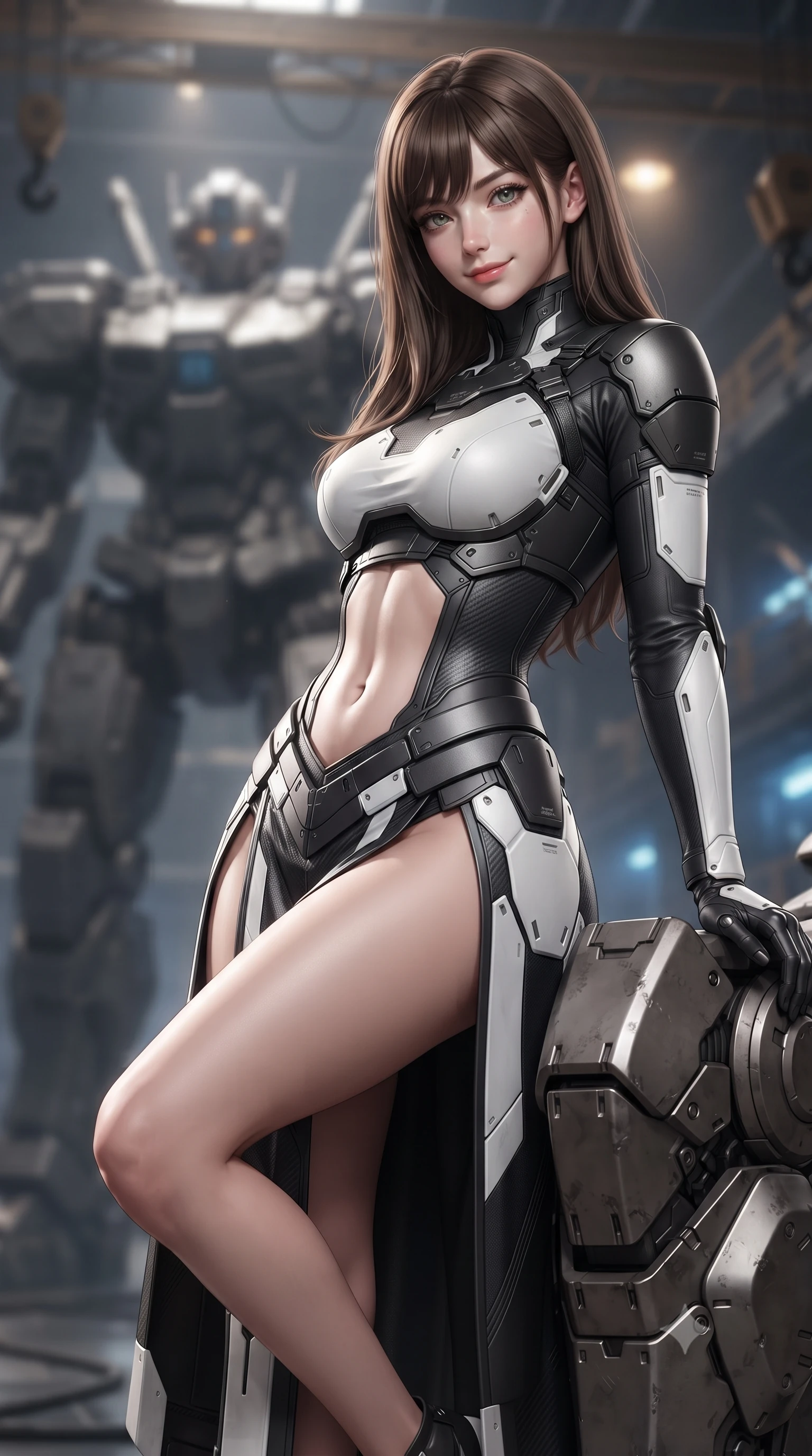 score_9, masterpiece, best quality, ultra-detailed, high-budget anime keyframe, editorial fashion photography, tasteful artistic composition, Korean woman. close-up cowboy shot from the waist and thighs up, the character dominates the composition, filling the frame with her large presence. leaning back against the glowing maintenance bulkhead with relaxed seductive grace, her flat midriff and narrow waist highlighted as laser ambient light traces her curves while leaning against the heavy armored mech shin plate with one leg bent, displaying her long slender limbs and toned midriff with majestic grace. The background shows a soft-focus the colossal 50-meter steel mech skeleton and soaring hangar crane trusses blurred into industrial gunmetal, amber, and welding blue bokeh. She has an exceptionally elegant, slender, and willowy female figure with an ultra-slim waist, flat toned midriff, narrow ribcage, and sculpted feminine hips creating an alluring, slim hourglass silhouette without bulk. sharp v-shaped jawline, high-bridge nose, intricate jewel-like sparkling eyes with depth, thick eyelashes, glossy parted lips with a natural sheen, bright confident smile with an enchanting and coquettish sensual glint, exuding both youthful magnetic charm and sovereign high-tech allure, flawlessly proportioned anatomical accuracy, strict slender model proportions, natural body alignment, perfectly sculpted long slender limbs, ultra-slim waistline, clean dynamic posture without body distortion. wearing a cyber-samurai tactical suit featuring a shortened carbon chestplate and high-slit armored wrap skirt in dual-tone high-contrast monochrome black and stark white, tailored from brushed aeronautical titanium alloy with matte satin sheen, finished with delicate carbon-fiber boning framing the narrow waistline, the form-fitting tactical tailoring adhering flawlessly to her sculpted flat midriff and slender torso, emphasizing her long leg lines and perfectly proportioned willowy build. bathed in high-intensity arc-welding blue light pulses contrasting with warm halogen overhead lamps. ultra-reflective glossy finish, specular highlights, rich textural contrasts, high-contrast stereoscopic depth, volumetric dynamic lighting, 2k, ultra detail, master piece, 9:16 ratio