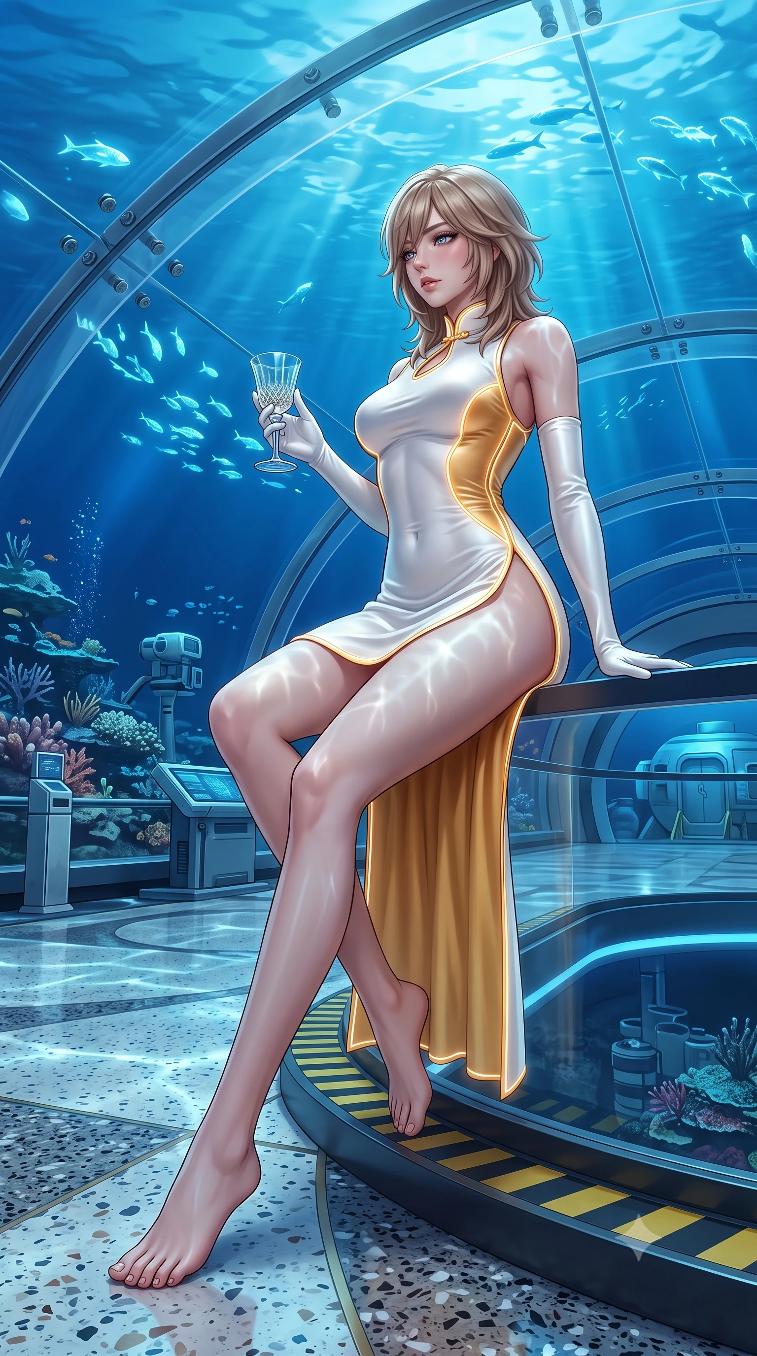 score_9, masterpiece, best quality, ultra-detailed, high-budget anime keyframe, semi-realistic 3D game render, editorial fashion photography, tasteful artistic composition, Japanese woman. low angle full-body shot from head to toe showing her feet, filling the entire 9:16 vertical frame with her statuesque presence, stretching her vertical silhouette. sitting perched on the elevated edge with hips angled toward the camera and legs crossed, displaying her toned midriff and flawlessly sculpted slender limbs while standing on the sleek composite platform beneath a curved transparent acrylic ceiling looking into the deep blue ocean, arching her back as schools of glowing fish glide above. The surrounding environment is rendered in vivid detail and crisp panoramic clarity. sharp platform edge safety lines, polished terrazzo floor reflections, and acrylic ceiling bolt joints in deep focus. She has an exceptionally tall and slender model-like 8.5-heads proportion, an ultra-slim waist, a flat toned midriff, narrow delicate ribcage, and beautifully sculpted feminine hips creating a graceful, slim hourglass silhouette without any bulky heaviness, with impossibly long slender legs. sharp v-shaped jawline, high-bridge nose, intricate jewel-like eyes with depth, thick eyelashes, glossy parted lips with a natural sheen, intensely captivating and seductive bedroom-eyes expression, flawlessly proportioned anatomical accuracy, strict slender model proportions, natural body alignment, perfectly sculpted long slender limbs, ultra-slim waistline, clean dynamic posture without body distortion. wearing a modernized cyber-qipao mini dress with an ultra-high side slit ascending to the hip and glowing piping in pure alabaster white and sun-kissed gold, tailored from liquid silk jersey adhering flawlessly to her slender build, accessorized with opera-length satin gloves and a vintage crystal glass, the form-contouring material adhering flawlessly to her sculpted flat midriff and slender torso, emphasizing her long leg lines and perfectly proportioned willowy build. illuminated by shimmering water caustic reflections accentuating her sculpted midriff, narrow waist, and curvy hips. highly saturated vibrant anime colors, detailed shading with soft gradients, rich glossy textures, high-contrast stereoscopic depth, volumetric dynamic lighting, master piece, 9:16 ratio