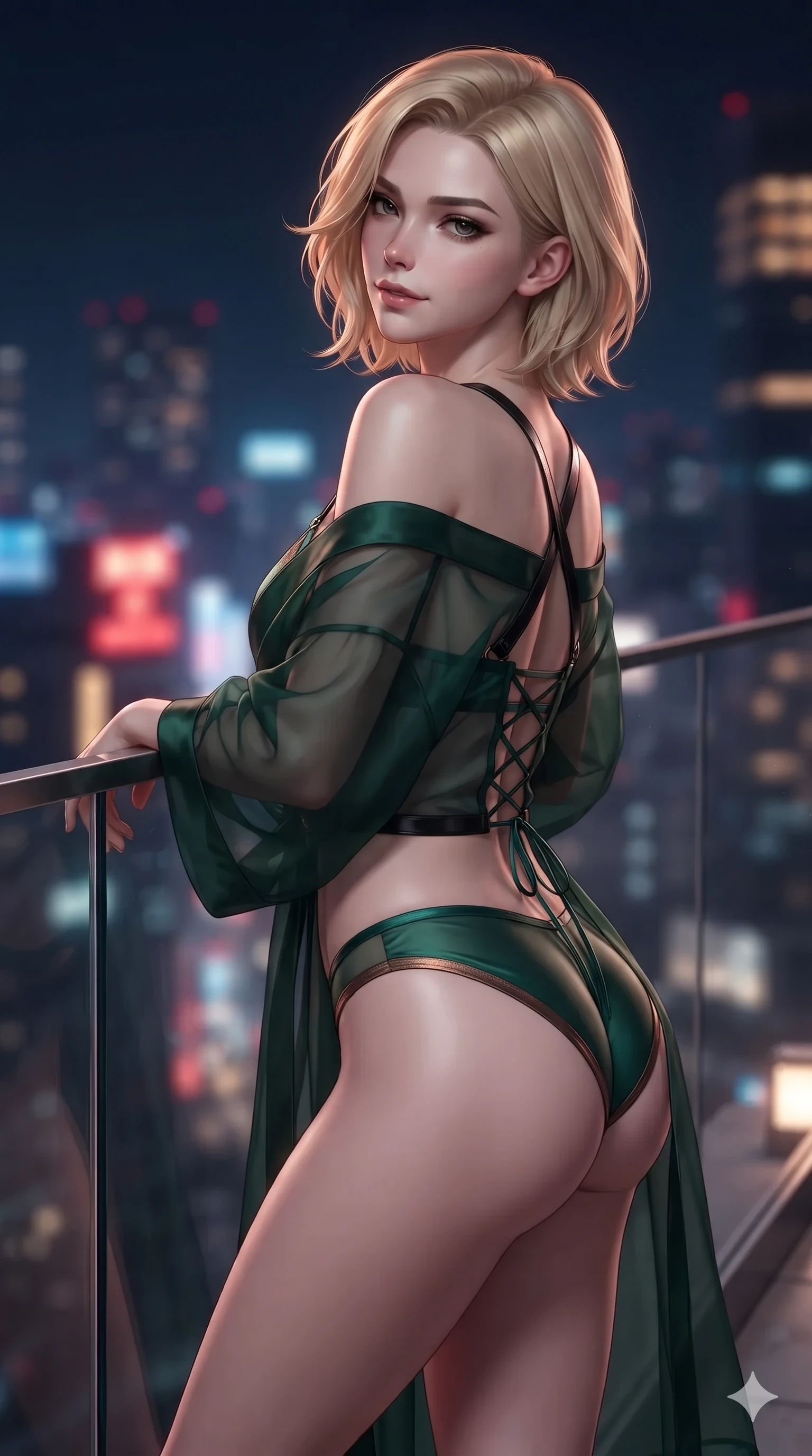 score_9, masterpiece, best quality, ultra-detailed, high-budget anime keyframe, editorial fashion photography, tasteful artistic composition, Caucasian woman. close-up cowboy shot from the waist and thighs up, the character dominates the composition, filling the frame with her large presence. tilting her head with a teasing half-smile, running one hand slowly down the side of her hip in a flirtatious S-curve as ambient neon caresses her silhouette while leaning back against the sleek glass parapet with hips cocked back, casting an intoxicating, sultry bedroom-gaze over a bare shoulder toward the lens. The background shows a soft-focus panoramic Tokyo skyline at midnight softened in penthouse rooftop shallow focus. She has an exceptionally elegant, slender, and willowy female figure with an ultra-slim waist, flat toned midriff, narrow ribcage, and sculpted feminine hips creating an alluring, slim hourglass silhouette without bulk. sharp v-shaped jawline, high-bridge nose, intricate jewel-like dark sparkling eyes with dangerous depth, thick curled eyelashes, glossy parted lips with a rich wine sheen, smoldering seductive half-smile with bedroom-eyes, exuding effortless superiority and intoxicating dark allure, flawlessly proportioned anatomical accuracy, strict slender model proportions, natural body alignment, perfectly sculpted long slender limbs, ultra-slim waistline, clean dynamic posture without body distortion. wearing a sheer gossamer organza evening kimono slipping off bare shoulders over a matching satin micro-bralette and briefs in dark emerald green and brushed antique bronze, featuring fine criss-cross satin back lacing tracing her slender spine, featuring an open-back criss-cross harness strap in patent black leather, the liquid-tight tailored fabric clinging flawlessly to her narrow waist and rounded feminine hips, emphasizing every millimeter of her sculpted slim hourglass curves without any bulky heaviness. illuminated by terrace accent uplights and sharp rose-gold rim lights sculpting her razor-sharp jawline, narrow waist, and curvy hips. ultra-reflective glossy finish, specular highlights, rich textural contrasts, high-contrast stereoscopic depth, volumetric dynamic lighting, 2k, ultra detail, master piece, 9:16 ratio