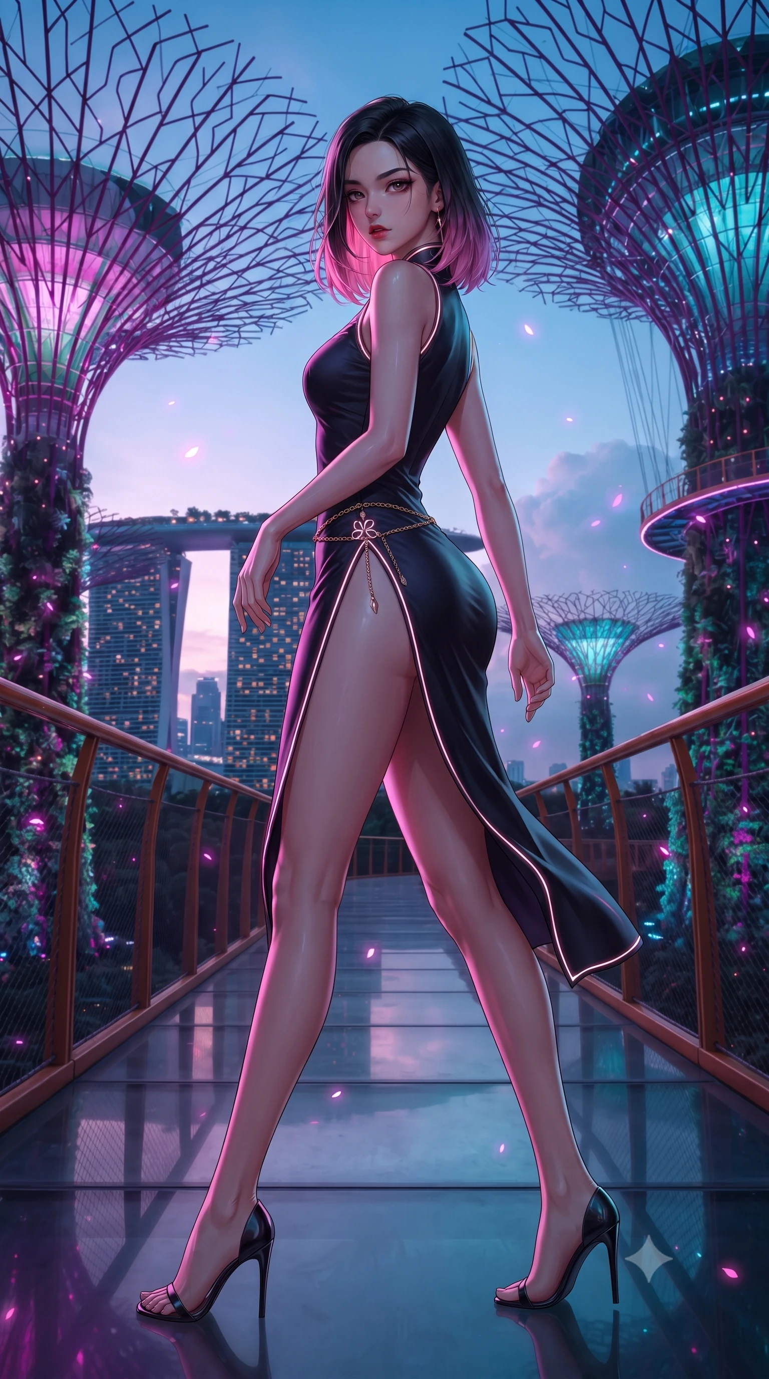score_9, masterpiece, best quality, ultra-detailed, high-budget anime keyframe, editorial fashion photography, tasteful artistic composition, Korean woman. low angle full-body shot from head to toe showing her feet, filling the entire 9:16 vertical frame with her statuesque presence, stretching her vertical silhouette. posing with back turned slightly to the lens, glancing back with smoldering allure as she arches her lower back to emphasize her sculpted feminine hips and slender waist while striding along the elevated glass skyway woven between giant glowing biomimetic supertrees, arching her back as luminous magenta spores drift through the humid evening air. The composition keeps background elements in soft focus with creamy bokeh. distant futuristic marina skyscrapers and tropical mist clouds softened in sleek cyberpunk shallow focus. She has an exceptionally tall and slender model-like 8.5-heads proportion, an ultra-slim waist, a flat toned midriff, narrow delicate ribcage, and beautifully sculpted feminine hips creating a graceful, slim hourglass silhouette without any bulky heaviness, with impossibly long slender legs. sharp v-shaped jawline, high-bridge nose, intricate jewel-like eyes with depth, thick eyelashes, glossy parted lips with a natural sheen, intensely captivating and seductive bedroom-eyes expression, flawlessly proportioned anatomical accuracy, strict slender model proportions, natural body alignment, perfectly sculpted long slender limbs, ultra-slim waistline, clean dynamic posture without body distortion. wearing a modernized cyber-qipao mini dress with an ultra-high side slit ascending to the hip and glowing piping in sakura blossom pink and warm ivory, tailored from liquid silk jersey adhering flawlessly to her slender build, accented with a delicate gold chain belt resting loosely on her curvy hips, the liquid-tight tailored fabric clinging flawlessly to her narrow waist and rounded feminine hips, emphasizing every millimeter of her sculpted slim hourglass curves without any bulky heaviness. bathed in rich magenta and cyan bioluminescent light contrasting with warm tropical ambient twilight. ultra-reflective glossy finish, specular highlights, rich textural contrasts, high-contrast stereoscopic depth, volumetric dynamic lighting, 2k, ultra detail, master piece, 9:16 ratio