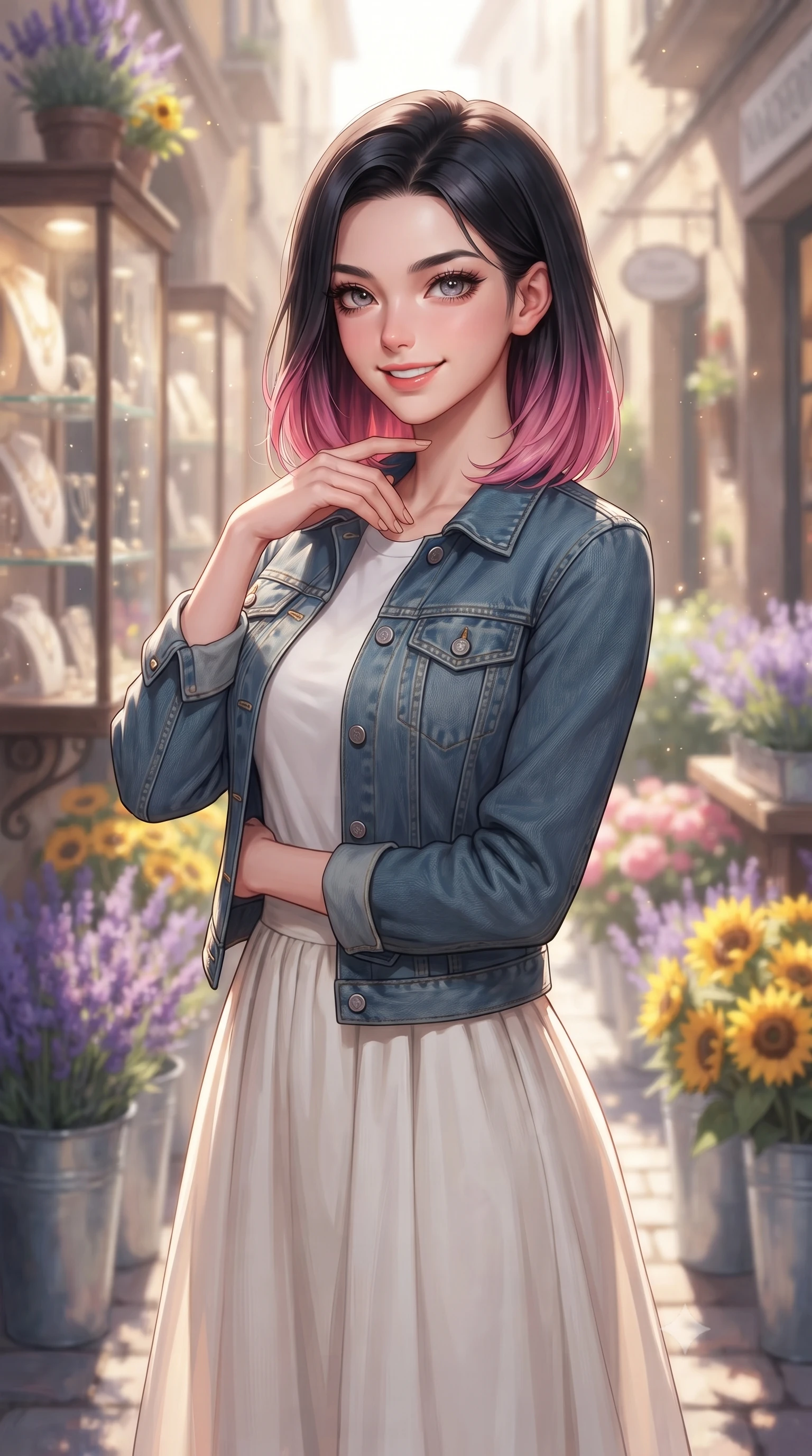 score_9, masterpiece, best quality, ultra-detailed, high-budget anime keyframe, editorial fashion photography, tasteful artistic composition, Korean woman. close-up cowboy shot from the waist and thighs up, the character dominates the composition, filling the frame with her large presence, background elements kept in soft focus. gently tracing her finger along her collarbone with a captivating, confident smile set against a soft-focus background of in front of a small handmade accessory boutique with glass showcases with buckets of fresh lavender and yellow sunflowers lining the alley. She has an exceptionally elegant, slender, and willowy female figure with an ultra-slim waist, a gracefully sculpted slender torso, and a refined silhouette. sharp v-shaped jawline, high-bridge nose, intricate jewel-like eyes with depth, thick eyelashes, glossy lips with a natural sheen. wearing form-contouring casual denim jacket worn over a simple white tee and a long cotton skirt. soft morning sunbeams highlighting the colorful flowers and her face. ultra-reflective glossy finish, specular highlights, metallic sheen, high-contrast stereoscopic depth, volumetric dynamic lighting, 2k, ultra detail, master piece, 9:16 ratio