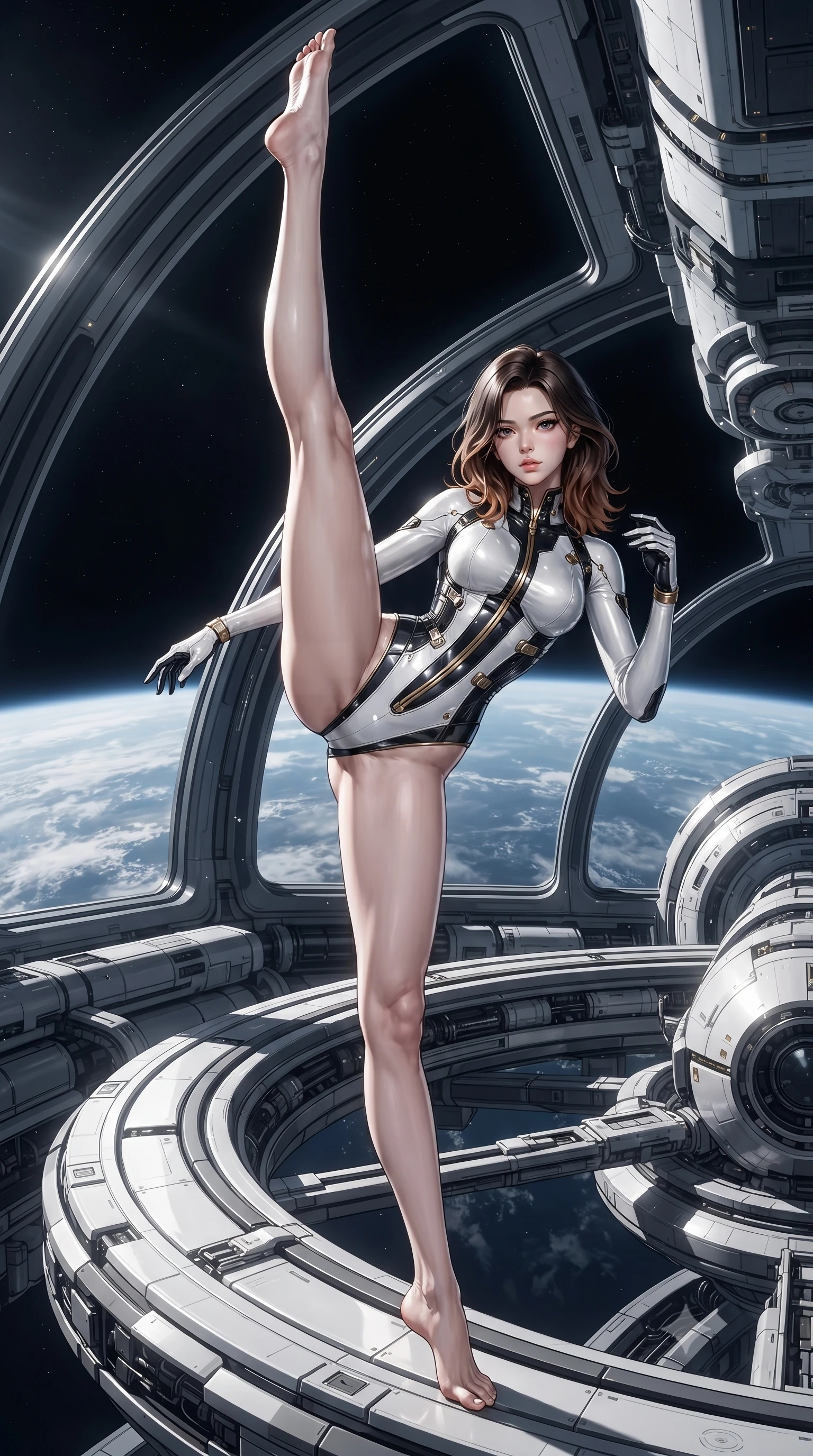 score_9, masterpiece, best quality, ultra-detailed, high-budget anime keyframe, editorial fashion photography, tasteful artistic composition, Korean woman. low angle full-body shot from head to toe showing her feet, filling the entire 9:16 vertical frame with her statuesque presence, stretching her vertical silhouette. executing a breathtaking zero-gravity high-kick with full 180-degree vertical extension, her impossibly long slender legs dominating the frame with razor-sharp poise while striding gracefully along the outer perimeter ring with arms held in loose, relaxed Panzer Kunst mastery. The surrounding environment is rendered in vivid detail and crisp panoramic clarity. high-contrast orbital chiaroscuro and monumental space-age engineering captured with environmental precision. She has an absolutely perfect, statuesque 8.5-heads proportion, an exceptionally tall and slender model-like female figure with impossibly long slender legs, a toned flat midriff, and an ultra-slim waist. sharp v-shaped jawline, high-bridge nose, intricate jewel-like eyes with depth, thick eyelashes, glossy lips with a natural sheen, flawlessly proportioned anatomical accuracy, strict slender model proportions, natural body alignment, perfectly sculpted long slender limbs, ultra-slim waistline, clean dynamic posture without body distortion. wearing a precision-tailored high-fashion carbon-fiber corset bodysuit with gold mechanical rib boning and kinetic shock-dampening palms in monochrome white enamel carbon with high-contrast black panels, formed from high-gloss patent carbon-plating with specular chiaroscuro reflections, finished with high-mobility flexible limb seams and miniature magnetic armor locks, the glove-like aerodynamic second-skin fit tightly clinging to her ultra-slender waist and athletic curves without adding bulk, accentuating her razor-sharp statuesque lines and slim hourglass silhouette. surrounded by an elevated, supreme, and radiantly commanding aerospace martial goddess aura. ultra-reflective glossy finish, specular highlights, dark metallic sheen, high-contrast stereoscopic depth, volumetric dynamic lighting, 2k, ultra detail, master piece, 9:16 ratio