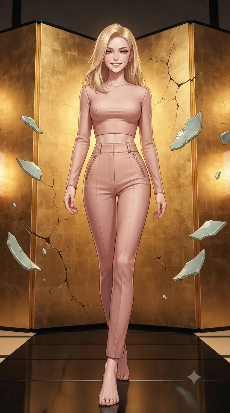 score_9, masterpiece, best quality, ultra-detailed, high-budget anime keyframe, editorial fashion photography, tasteful artistic composition, Korean woman. low angle full-body shot from head to toe showing her feet, filling the entire 9:16 vertical frame with her statuesque presence, stretching her vertical silhouette. stepping forward in a confident stride, her long slender legs and curvaceous hips creating a dynamic, sweeping vertical line while standing poised on the black mirror-lacquer dais before towering gold-leaf screens, arching her spine with ethereal siren poise as levitating celadon ceramic shards hover in mid-air. The surrounding environment is rendered in vivid detail and crisp panoramic clarity: sharp gold-leaf screen texture fissures, translucent celadon glaze cracks, and mirror-polished black lacquer floor grain in deep focus. She has an exceptionally tall and slender model-like 8.5-heads proportion, an ultra-slim waist, a flat toned midriff, narrow delicate ribcage, and beautifully sculpted feminine hips creating a graceful, slim hourglass silhouette without any bulky heaviness, with impossibly long slender legs. sharp v-shaped jawline, high-bridge nose, intricate jewel-like sparkling eyes with depth, thick eyelashes, glossy parted lips with a natural peach sheen, bright cheerful beaming smile with an enchanting and coquettish sensual glint, exuding both youthful cute charm and seductive allure, flawlessly proportioned anatomical accuracy, strict slender model proportions, natural body alignment, perfectly sculpted long slender limbs, ultra-slim waistline, clean dynamic posture without body distortion. wearing a glossy vinyl crop top and high-waist tailored leggings with sleek chrome zippers and exposed midriff in rose-quartz blush and burnished copper, crafted from bespoke double-faced cashmere with an exceptionally soft tactile finish, finished with sleek magnetic buckle closures fluttering in the breeze, the second-skin tailored fabric adhering flawlessly to her sculpted flat midriff and slender torso, emphasizing her long leg lines and perfectly proportioned willowy build. bathed in the warm radiant 2400K glow of concealed paper lanterns reflecting off polished gold leaf. ultra-reflective glossy finish, specular highlights, rich textural contrasts, high-contrast stereoscopic depth, volumetric dynamic lighting, 2k, ultra detail, master piece, 9:16 ratio