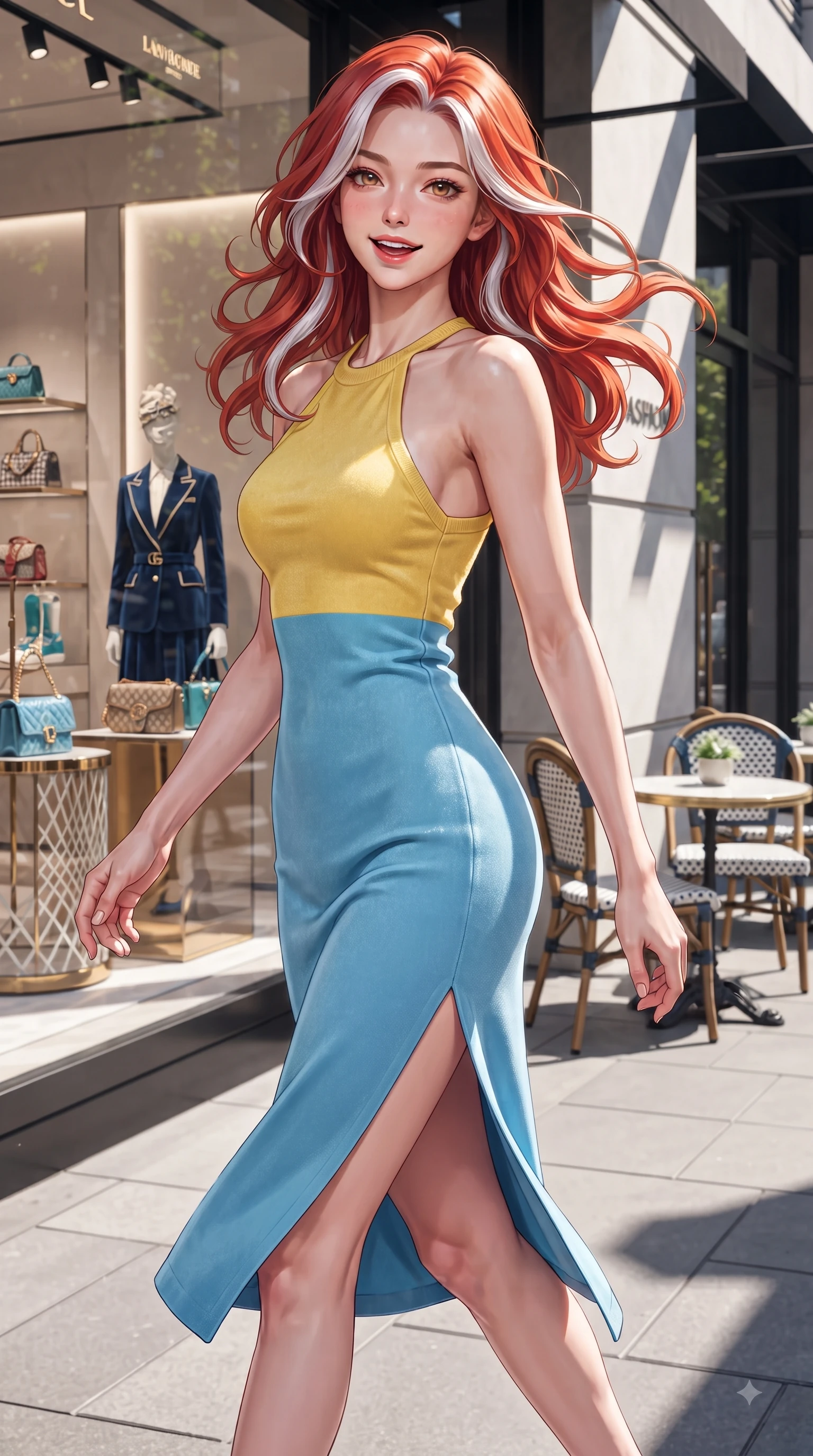 score_9, masterpiece, best quality, ultra-detailed, high-budget anime keyframe, editorial fashion photography, tasteful artistic composition, Caucasian woman. close-up cowboy shot from the waist and thighs up, the character dominates the composition, filling the frame with her large presence. Playful cute expression with a warm smile and parted lips, looking right into the camera with vibrant energy while pivoting gracefully outside a luxury fashion popup store with a captivating bright smile. The surrounding environment is rendered in vivid detail and crisp panoramic clarity. intricate fashion displays, outdoor cafe seating, and crisp architectural shadows rendered in deep focus. She has an exceptionally elegant, slender, and willowy female figure with an ultra-slim waist, a gracefully sculpted slender torso, and a refined silhouette. sharp v-shaped jawline, high-bridge nose, intricate jewel-like eyes with depth, thick eyelashes, glossy lips with a natural sheen, flawlessly proportioned anatomical accuracy, natural body alignment, perfectly sculpted elegant limbs, clean dynamic posture without body distortion. wearing a velvet halter-neck midi dress fitting her statuesque contour flawlessly in sunny canary yellow and clear sky blue, knitted from soft cozy cashmere yarn, featuring a sleek side leg slit ascending to mid-thigh, the tailored fabric tightly following every curve of her athletic build. surrounded by a lively, stylish, and fresh city atmosphere. ultra-reflective glossy finish, specular highlights, metallic sheen, high-contrast stereoscopic depth, volumetric dynamic lighting, 2k, ultra detail, master piece, 9:16 ratio
