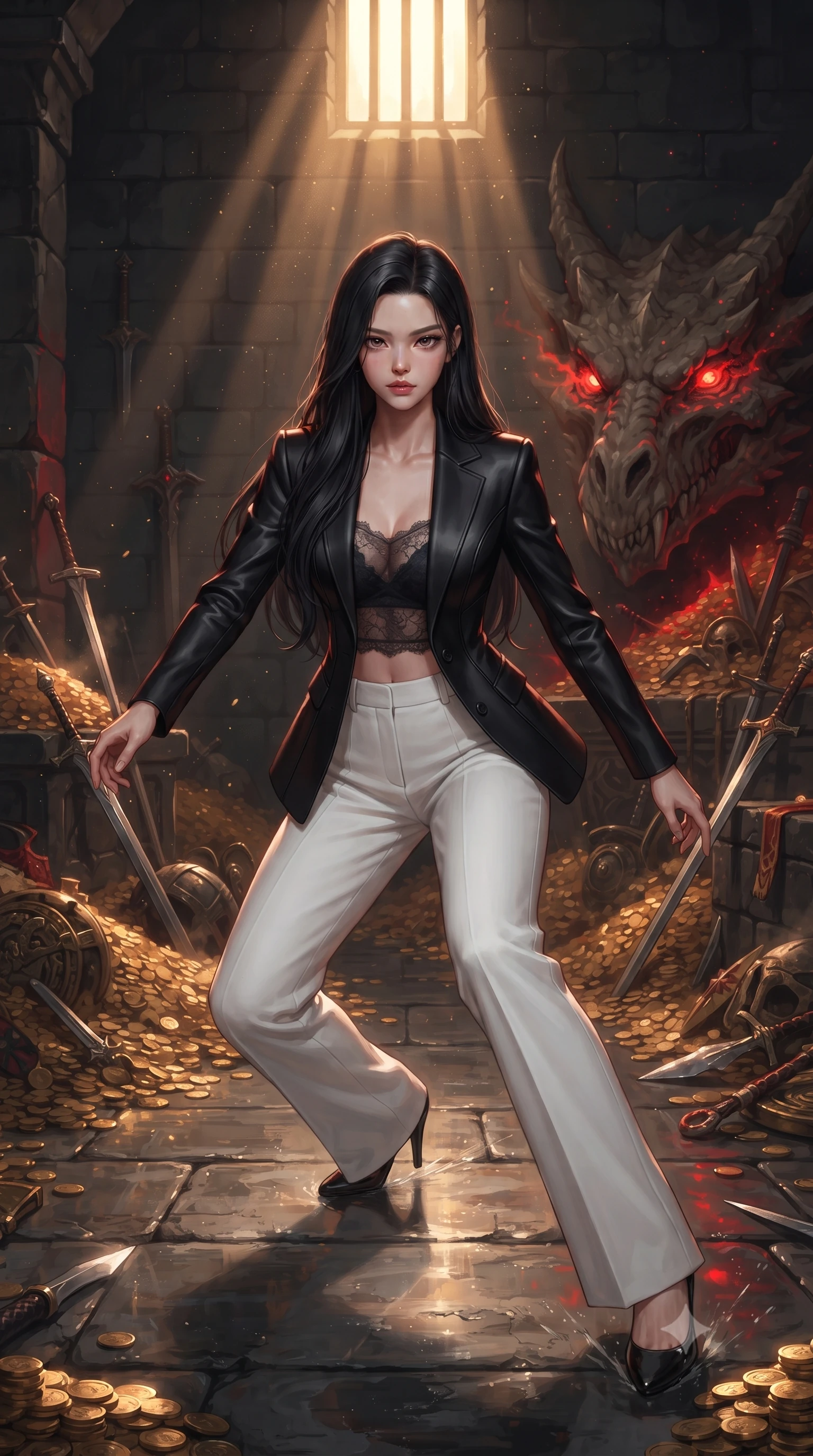 score_9, masterpiece, best quality, ultra-detailed, high-budget anime keyframe, editorial fashion photography, tasteful artistic composition, realistic cosplay photography, Korean woman. low angle full-body shot from head to toe showing her feet, filling the entire 9:16 vertical frame with her statuesque presence, stretching her vertical silhouette. skidding across a slick reflective surface in a low combat stance through a dark stone tomb filled with gold coins and weapons, where a dragon skull's eyes glow with red magical embers. She has a statuesque 8.5-heads proportion, an exceptionally tall, slender and willowy model-like build with impossibly long legs and a highly sculpted ultra-slim waist. sharp v-shaped jawline, high-bridge nose, intricate jewel-like eyes with depth, thick eyelashes, glossy lips with a natural sheen. wearing tailored for maximum mobility, sleek form-contouring panels that allow fluid movement, a body-hugging black blazer layered over a sheer lace crop top and high-waisted white wide-leg trousers. golden hour sunlight streaming in warm shafts with floating dust particles catching the light. ultra-reflective glossy finish, specular highlights, metallic sheen, high-contrast stereoscopic depth, volumetric dynamic lighting, 2k, ultra detail, master piece, 9:16 ratio
