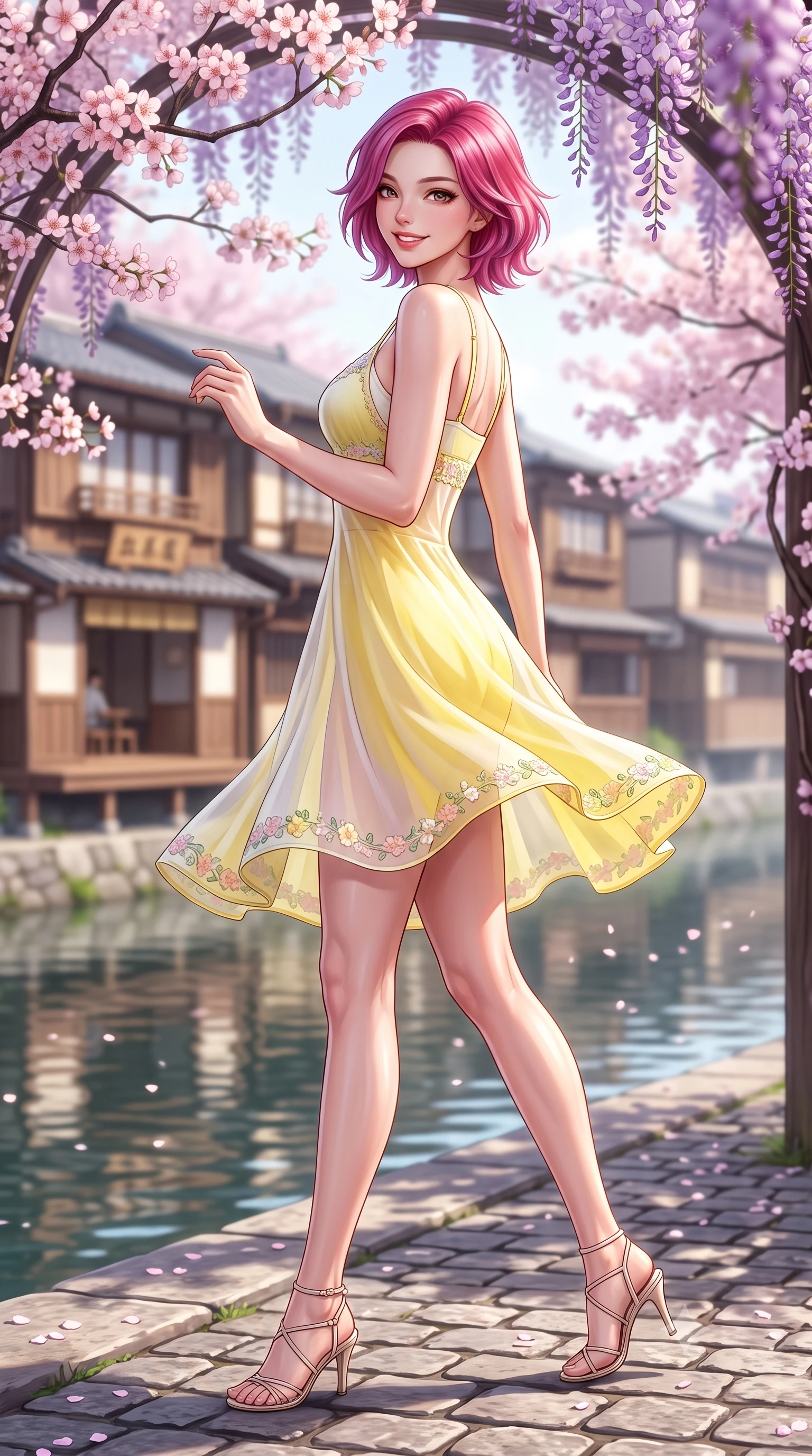 score_9, masterpiece, best quality, ultra-detailed, high-budget anime keyframe, semi-realistic 3D game render, editorial fashion photography, tasteful artistic composition, Caucasian woman. low angle full-body shot from head to toe showing her feet, filling the entire 9:16 vertical frame with her statuesque presence, stretching her vertical silhouette. executing a cheerful mid-motion pivot turn as her skirt flutters around her slender legs, glancing over her shoulder with an intoxicating, teasing cute expression while walking gracefully along the riverbank path, her form-fitting outfit highlighting her narrow waist and curvy hips beneath blooming flower arches. The composition keeps background elements in soft focus with dreamy creamy bokeh. historic wooden teahouse facades across the water softened in nostalgic Kyoto shallow focus. She has an exceptionally tall and slender model-like 8.5-heads proportion, an ultra-slim waist, a flat toned midriff, narrow delicate ribcage, and beautifully sculpted feminine hips creating a graceful, slim hourglass silhouette without any bulky heaviness, with impossibly long slender legs. sharp v-shaped jawline, high-bridge nose, intricate jewel-like sparkling eyes with depth, thick eyelashes, glossy parted lips with a natural peach sheen, bright cheerful beaming smile with an enchanting and coquettish sensual glint, exuding both youthful cute charm and seductive allure, flawlessly proportioned anatomical accuracy, strict slender model proportions, natural body alignment, perfectly sculpted long slender limbs, ultra-slim waistline, clean dynamic posture without body distortion. wearing a delicate semi-sheer chiffon sun-slip dress layered over a matching pastel bralette, hugging her slender waist and hips in bright butter yellow and fresh cream white, crafted from liquid-tight stretch jersey emphasizing every curve, complemented by delicate embroidered floral trim along the hem, the form-contouring cut accentuating her sculpted flat midriff, narrow delicate ribcage, and gracefully curvy hips with supermodel precision. illuminated by gentle water surface reflections sharply defining her razor-sharp jawline, narrow waist, and curvy hips. highly saturated vibrant anime colors, detailed shading with soft gradients, rich glossy textures, high-contrast stereoscopic depth, volumetric dynamic lighting, master piece, 9:16 ratio
