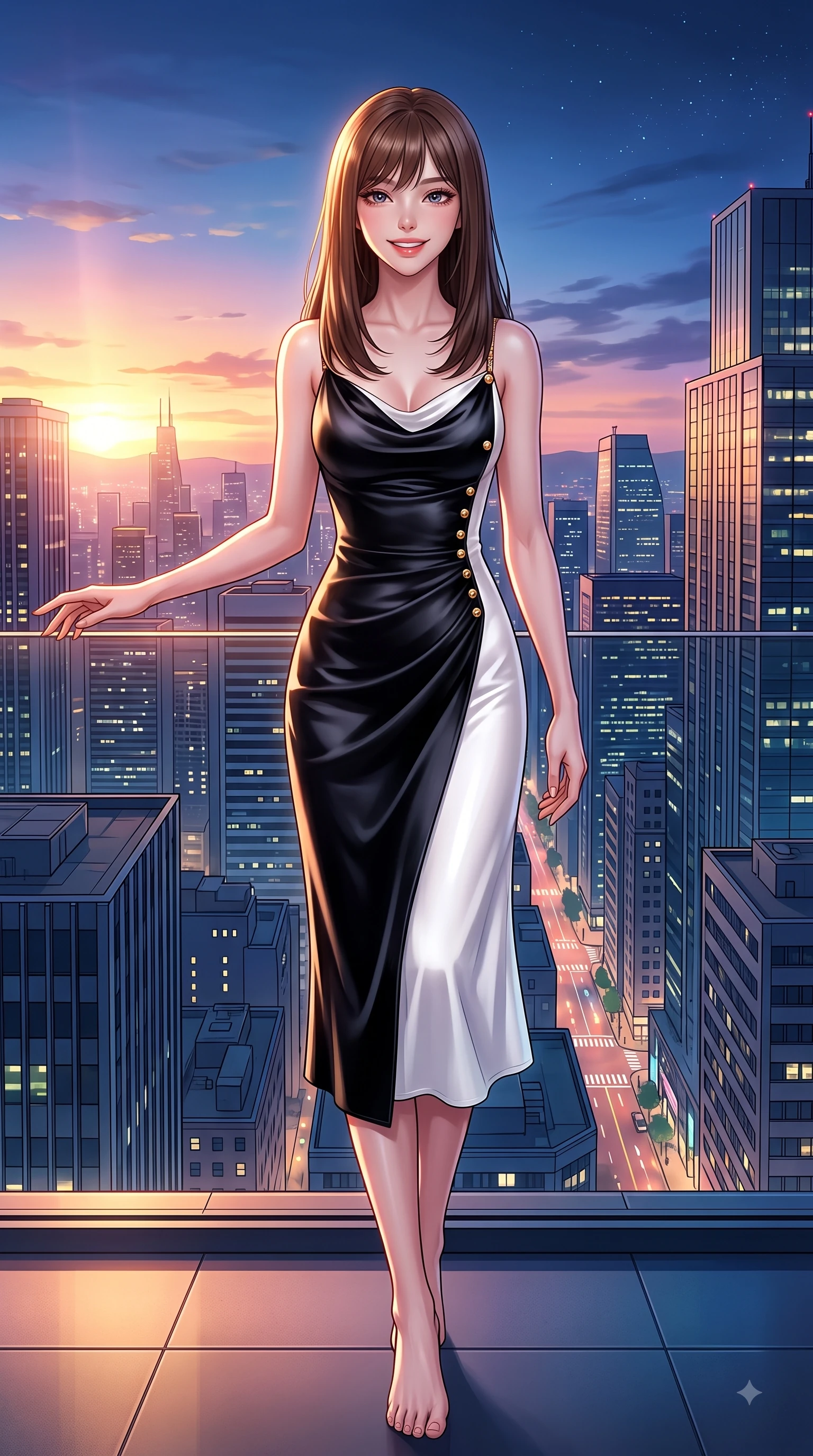 score_9, masterpiece, best quality, ultra-detailed, high-budget anime keyframe, editorial fashion photography, tasteful artistic composition, Korean woman. low angle full-body shot from head to toe showing her feet, filling the entire 9:16 vertical frame with her statuesque presence, stretching her vertical silhouette. performing a cheerful mid-motion turn with flawless poise, her radiant smile capturing fresh girlhood energy while reaching one hand gracefully toward the city skyline view with a magnetic smile. The surrounding environment is rendered in vivid detail and crisp panoramic clarity. intricate city skyline details, twilight sky gradients, and modern architectural lines in high clarity. She has an absolutely perfect, statuesque 8.5-heads proportion, an exceptionally tall and slender model-like female figure with impossibly long slender legs and an ultra-slim waist. sharp v-shaped jawline, high-bridge nose, intricate jewel-like eyes with depth, thick eyelashes, glossy lips with a natural sheen, flawlessly proportioned anatomical accuracy, natural body alignment, perfectly sculpted elegant limbs, clean dynamic posture without body distortion. wearing an elegant cowl-neck silk satin midi dress with a graceful draped neckline in sleek jet black and pure white contrast, made of lustrous stretch velvet, adorned with delicate gold buttons along the front, the sleek second-skin texture accentuating her magnetic presence. bathed in dramatic golden hour sunset glow and vibrant urban night lights. highly saturated vibrant anime colors, detailed shading with soft gradients, rich glossy textures, high-contrast stereoscopic depth, volumetric dynamic lighting, master piece, 9:16 ratio