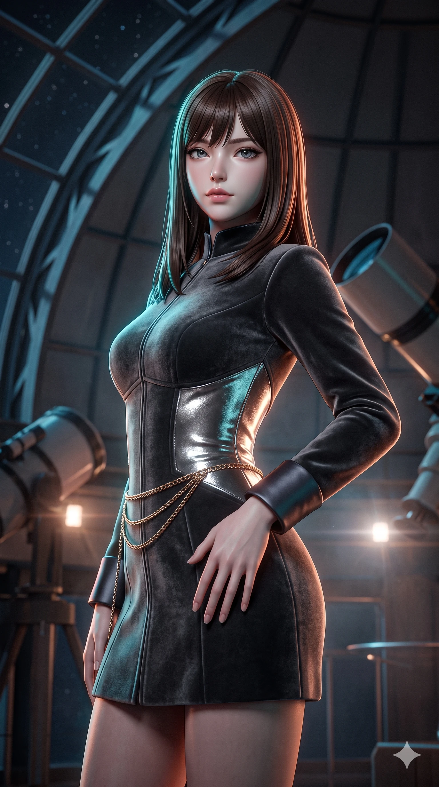 score_9, masterpiece, best quality, ultra-detailed, high-budget anime keyframe, semi-realistic 3D game render, editorial fashion photography, tasteful artistic composition, Korean woman. close-up cowboy shot from the waist and thighs up, the character dominates the composition, filling the frame with her large presence. arching her spine backward with effortless dancer poise, one hand sliding along her hip line as directional light carves specular highlights along her silhouette while turning slowly with an enchanting smoldering smile, her glossy hair tossing in the breeze as her hips angle gracefully in a captivating contrapposto. The background shows a soft-focus astronomical observatory atmosphere softened in Bund rooftop dome shallow focus. She has an exceptionally elegant, slender, and willowy female figure with an ultra-slim waist, flat toned midriff, narrow ribcage, and sculpted feminine hips creating an alluring, slim hourglass silhouette without bulk. sharp v-shaped jawline, high-bridge nose, intricate jewel-like sparkling eyes with depth, thick eyelashes, glossy parted lips with a natural sheen, intensely captivating and seductive bedroom-eyes expression, exuding both youthful cute charm and sovereign luxury allure, flawlessly proportioned anatomical accuracy, strict slender model proportions, natural body alignment, perfectly sculpted long slender limbs, ultra-slim waistline, clean dynamic posture without body distortion. wearing a tailored high-collar velvet evening coat dress with structural waist cinching and satin cuff accents in charcoal grey and polished chrome, crafted from luxurious metallic lamé that shifts radiance with every step, accented with a delicate gold chain belt resting loosely on her curvy hips, the impeccably tailored cut draping gracefully along her slender figure with aristocratic poise. illuminated by floor reflections and sharp cyan-copper rim lights defining her razor-sharp jawline, narrow waist, and curvy hips. highly saturated vibrant anime colors, detailed shading with soft gradients, rich glossy textures, high-contrast stereoscopic depth, volumetric dynamic lighting, master piece, 9:16 ratio