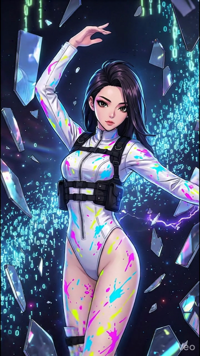 A dynamic 8-second video of a character in a white tactical suit adorned with vibrant, neon paint splatters. She performs a graceful, slow-motion artistic pose. Surrounding her are floating glass fragments and cascading streams of glowing cyan and li