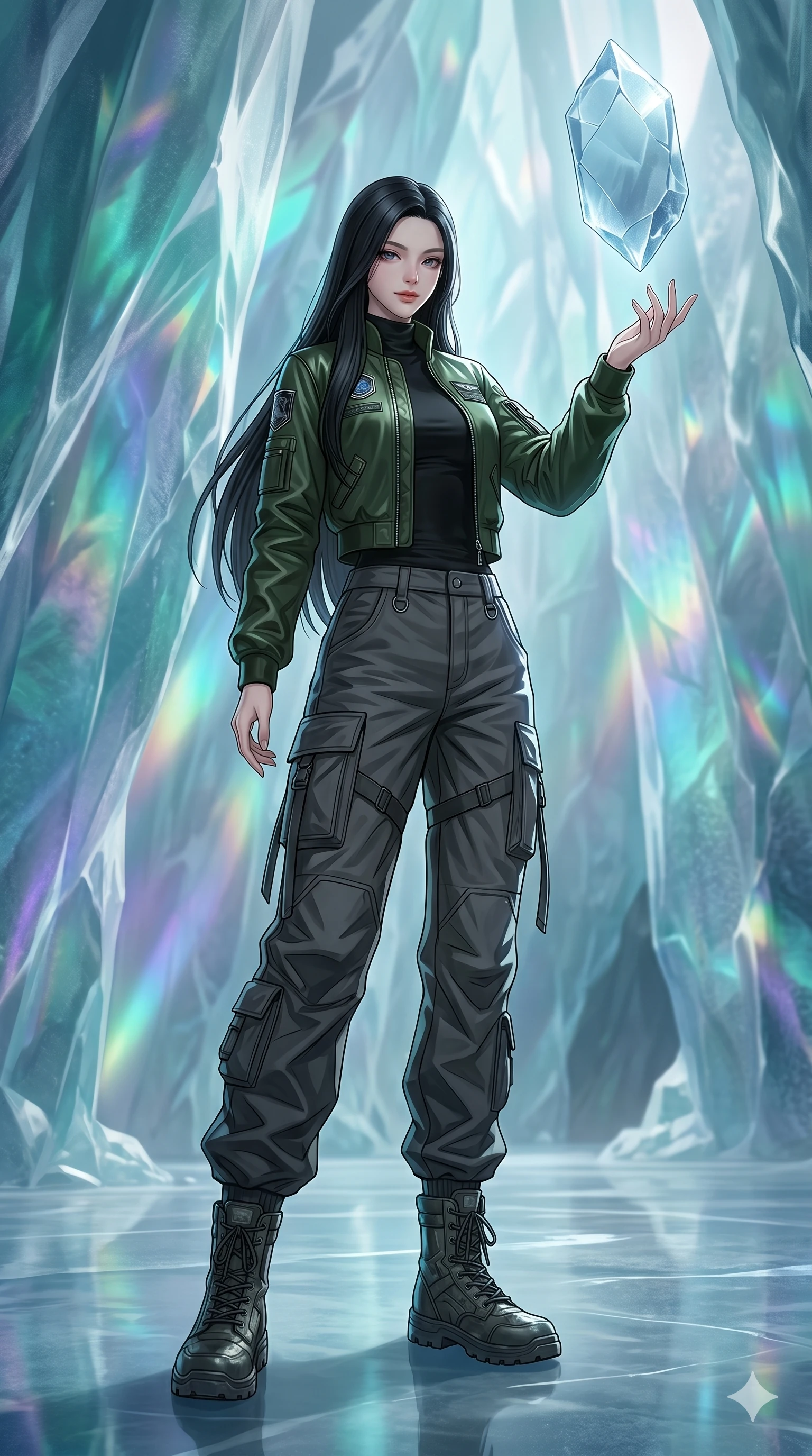 score_9, masterpiece, best quality, ultra-detailed, high-budget anime keyframe, editorial fashion photography, tasteful artistic composition, Korean woman. low angle full-body shot from head to toe showing her feet, filling the entire 9:16 vertical frame with her statuesque presence, stretching her vertical silhouette. reaching a hand toward a floating mirror, looking at the camera with a mysterious smile inside a glacier ice temple with prismatic light refracting through walls (Code-P18-051). She has an absolutely perfect 8-heads proportion, an exceptionally tall and slender female figure with impossibly long slender legs and an ultra-slim waist. V-shaped jawline, high-bridge nose, intricate jewel-like eyes with depth, thick eyelashes, glossy lips with a natural sheen. wearing a high-neck long-sleeved flight jacket over cargo trousers. soft green ambient light with a sharp key light tracing her silhouette and clavicle. 2k, ultra detail, master piece, 9:16 ratio