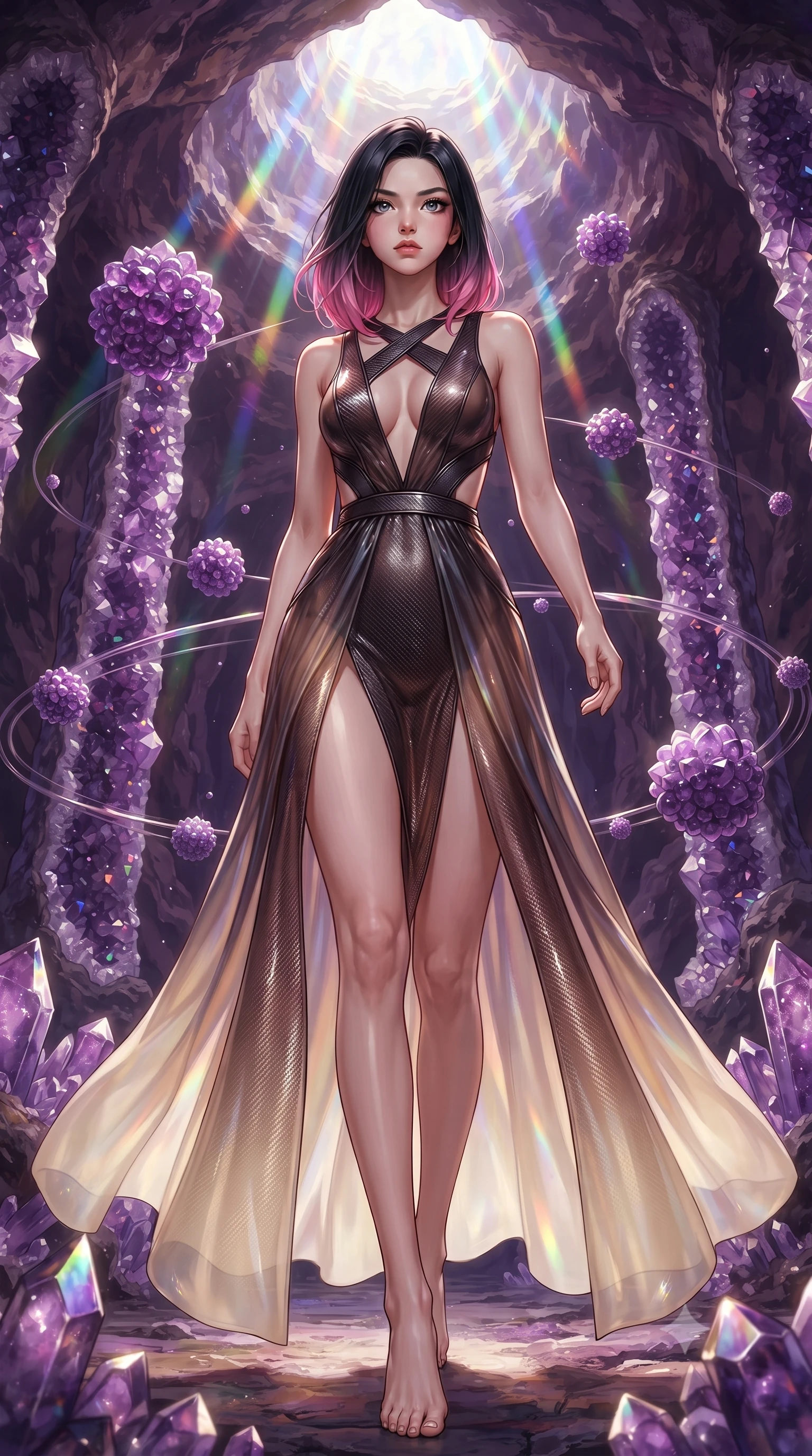 score_9, masterpiece, best quality, ultra-detailed, high-budget anime keyframe, editorial fashion photography, tasteful artistic composition, Korean woman. low angle full-body shot from head to toe showing her feet, filling the entire 9:16 vertical frame with her statuesque presence, stretching her vertical silhouette. forging dynamically through the scene, her vertical silhouette beautifully stretched standing inside a breathtaking cavern lined with massive amethyst geode pillars, floating amethyst clusters drifting in smooth circular orbits. She has an absolutely perfect, statuesque 8.5-heads proportion, an exceptionally tall and slender model-like female figure with impossibly long slender legs and an ultra-slim waist. sharp v-shaped jawline, high-bridge nose, intricate jewel-like eyes with depth, thick eyelashes, glossy lips with a natural sheen. wearing a translucent iridescent chiffon gown with a plunging neckline and open back in espresso brown and warm cream, made of fine carbon-fiber weave and soft matte leather, complemented by criss-cross back straps highlighting her bare shoulders, the glove-like fit emphasizing her statuesque silhouette. bathed in brilliant prismatic light filtering from a natural cavern skylight. ultra-reflective glossy finish, specular highlights, metallic sheen, high-contrast stereoscopic depth, volumetric dynamic lighting, 2k, ultra detail, master piece, 9:16 ratio