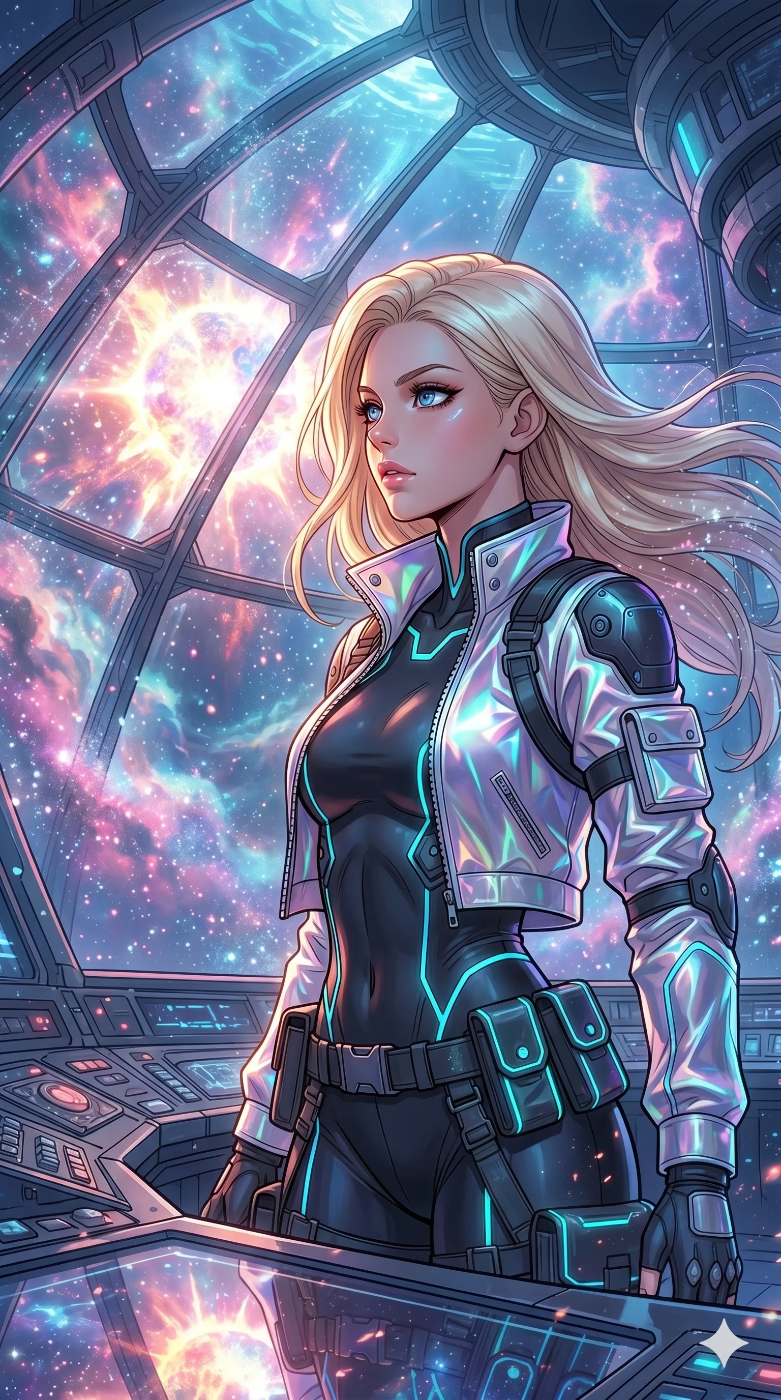 score_9, masterpiece, best quality, ultra-detailed, high-budget anime movie keyframe, cinematic anime lighting, intricate line art, Caucasian (strictly human ears) anime girl. Upper body filling screen focusing on her alluring features and slim-fit silhouette. observing a supernova in a underwater city dome in a mist of stardust. She has an absolutely perfect 8-heads proportion, an exceptionally tall and slender female figure with an ultra-slim waist and impossibly long slender legs. sharp v-shaped jawline, high-bridge nose, intricate jewel-like eyes, thick eyelashes, glossy lips. Wearing modern urban tech-wear ensemble with a cropped reflective bomber jacket, ultra-slim high-waisted cargo leggings, and tactical harness with neon-lit pouches. The scene is illuminated by dramatic atmospheric lighting and vibrant color palettes. 2k, ultra detail, master piece, 9:16 ratio