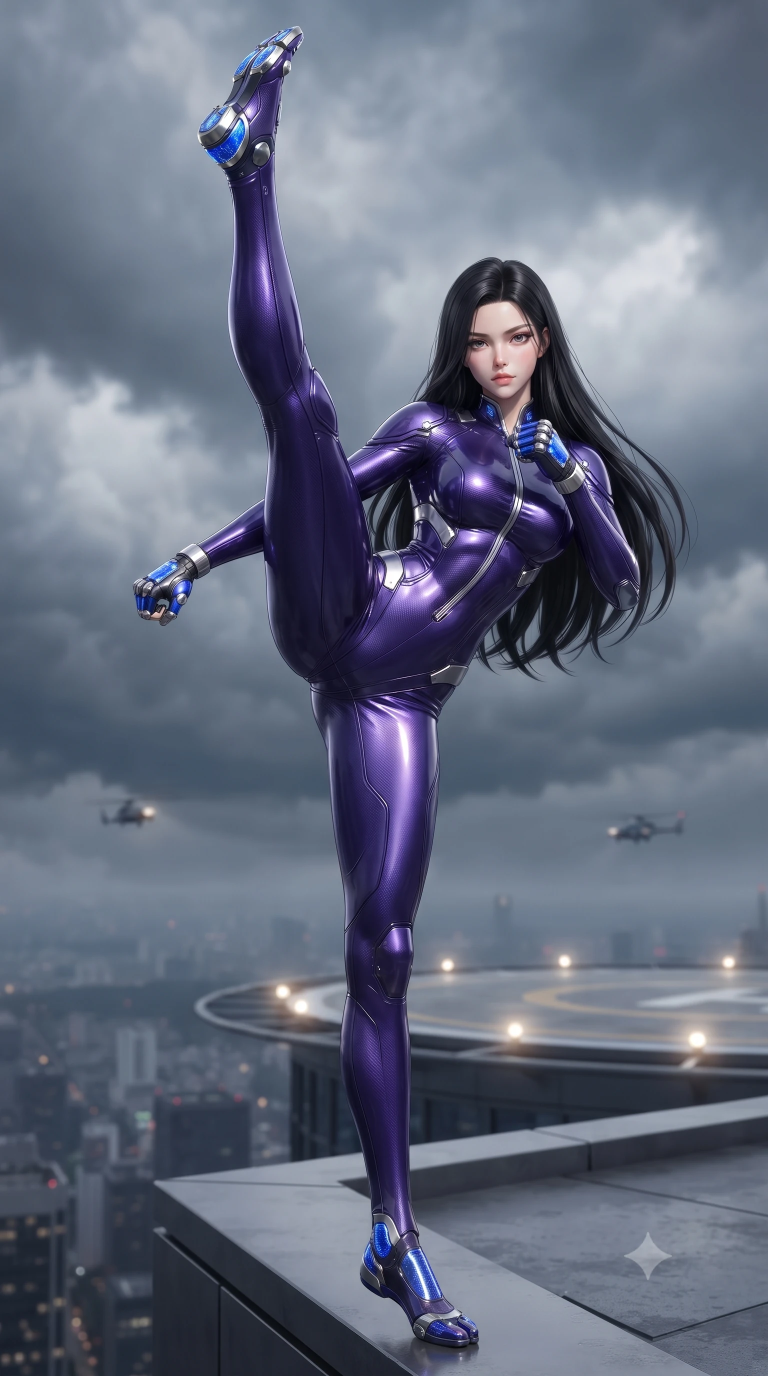 score_9, masterpiece, best quality, ultra-detailed, high-budget anime keyframe, editorial fashion photography, tasteful artistic composition, Korean woman. low angle full-body shot from head to toe showing her feet, filling the entire 9:16 vertical frame with her statuesque presence, stretching her vertical silhouette. executing a breathtaking zero-gravity high-kick with full 180-degree vertical extension, her impossibly long slender legs dominating the frame with razor-sharp poise while standing triumphant at the skyscraper edge as the storm clouds part, looking directly into the camera with sovereign intensity. The composition keeps background elements in soft focus with creamy bokeh. helipad landing lights and flying vehicle navigation beacons softened in moody shallow focus. She has an absolutely perfect, statuesque 8.5-heads proportion, an exceptionally tall and slender model-like female figure with impossibly long slender legs, a toned flat midriff, and an ultra-slim waist. sharp v-shaped jawline, high-bridge nose, intricate jewel-like eyes with depth, thick eyelashes, glossy lips with a natural sheen, flawlessly proportioned anatomical accuracy, strict slender model proportions, natural body alignment, perfectly sculpted long slender limbs, ultra-slim waistline, clean dynamic posture without body distortion. wearing a precision-fitted royal purple carbon-fiber martial arts suit with silver accents and glowing micro-circuit knuckle plating in electric cobalt blue carbon with polished platinum trim, made of liquid carbon-jersey fabric adhering flawlessly to her sculpted silhouette, detailed with magnetic knuckle shock-absorbers and polished chrome articulation joints, the liquid-tight tailored fabric emphasizing every curve of her tall, slender model proportions and sculptured silhouette during dynamic movement. illuminated by crisp white key lighting with sharp specular highlights tracing her sculpted flat midriff and waist. ultra-reflective glossy finish, specular highlights, dark metallic sheen, high-contrast stereoscopic depth, volumetric dynamic lighting, 2k, ultra detail, master piece, 9:16 ratio