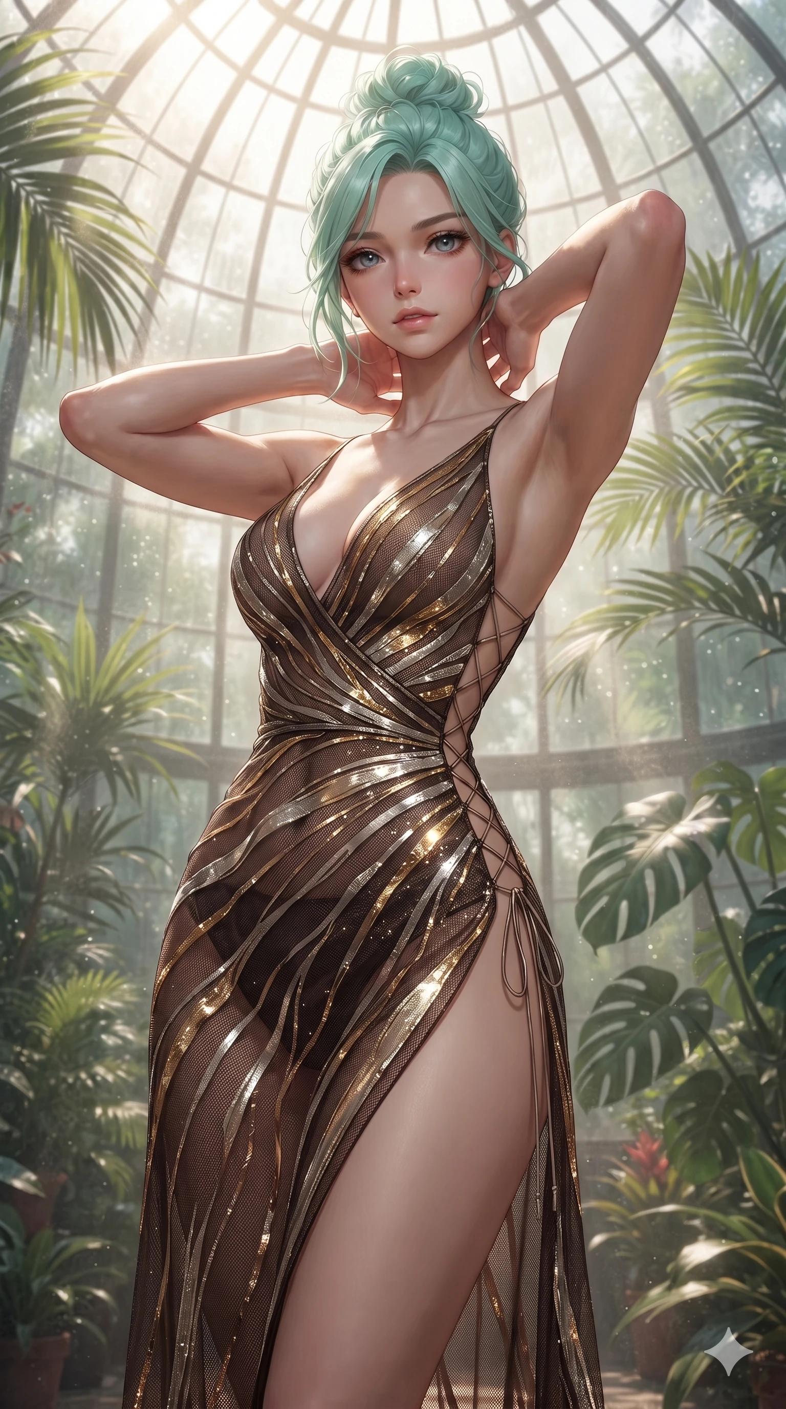 score_9, masterpiece, best quality, ultra-detailed, high-budget anime keyframe, editorial fashion photography, tasteful artistic composition, Japanese woman. close-up cowboy shot from the waist and thighs up, the character dominates the composition, filling the frame with her large presence. resting both hands lightly behind her neck with elbows raised, arching her spine to highlight her narrow waist, flat midriff, and breathtaking collarbones while standing poised beneath the soaring curved glass dome as afternoon sunbeams lance through exotic palm fronds, arching her spine with ethereal siren poise. The background shows a soft-focus humid conservatory tropical mist softened in glass winter garden shallow focus. She has an exceptionally elegant, slender, and willowy female figure with an ultra-slim waist, flat toned midriff, narrow ribcage, and sculpted feminine hips creating an alluring, slim hourglass silhouette without bulk. sharp v-shaped jawline, high-bridge nose, intricate jewel-like sparkling eyes with depth, thick eyelashes, glossy parted lips with a natural sheen, intensely captivating and seductive bedroom-eyes expression, exuding both youthful cute charm and sovereign luxury allure, flawlessly proportioned anatomical accuracy, strict slender model proportions, natural body alignment, perfectly sculpted long slender limbs, ultra-slim waistline, clean dynamic posture without body distortion. wearing a plunge-front sheer illusion tulle slip dress with liquid platinum ribbon stripes hugging her curves in dark espresso brown and molten gold foil, crafted from stretch micro-mesh with liquid foil coating that shimmers with every movement, featuring fine criss-cross lace-up side ties revealing tantalizing glimpses of her hip curve, the high-slit wrap tailoring accentuating her ultra-slim waistline and the enchanting curve of her feminine hips with alluring seductive charm. bathed in the radiant, sun-drenched greenhouse light filtering through textured glass panes creating high-contrast dappled highlights. ultra-reflective glossy finish, specular highlights, rich textural contrasts, high-contrast stereoscopic depth, volumetric dynamic lighting, 2k, ultra detail, master piece, 9:16 ratio