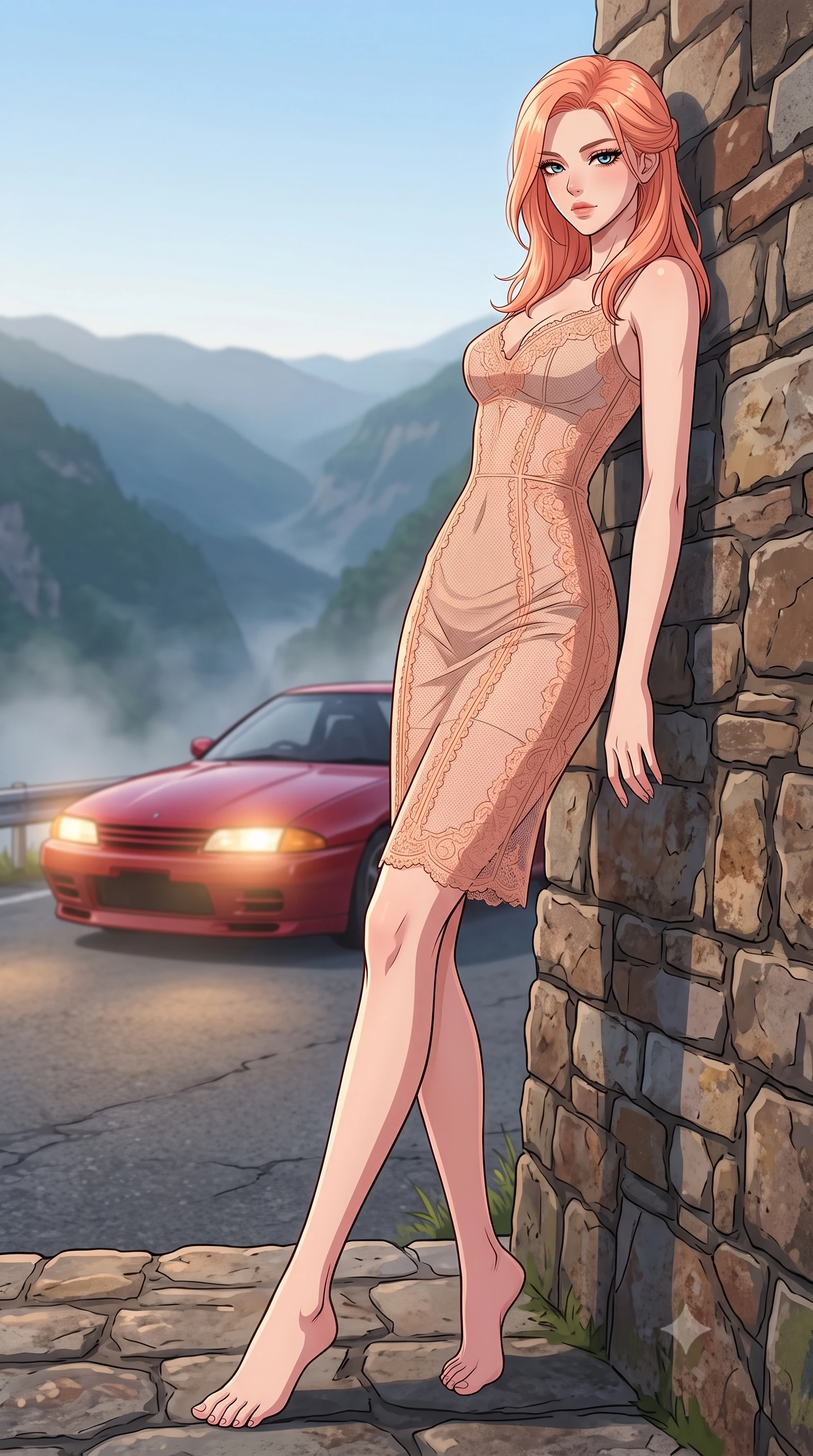 score_9, masterpiece, best quality, ultra-detailed, high-budget anime keyframe, tasteful artistic composition, Japanese woman. low angle full-body shot from head to toe showing her feet, filling the entire 9:16 vertical frame with her statuesque presence, stretching her vertical silhouette. leaning back against a rustic stone wall, casting a slow, alluring gaze at the camera the background shows a soft-focus a quiet mountain road overlook with a parked sports car and a misty valley below. She has an absolutely perfect, statuesque 8.5-heads proportion, an exceptionally tall and slender model-like female figure with impossibly long slender legs and an ultra-slim waist. sharp v-shaped jawline, high-bridge nose, intricate jewel-like eyes with depth, thick eyelashes, glossy lips with a natural sheen. wearing a tailored semi-transparent mesh dress in peach, contouring her slender silhouette with delicate lace detailing. soft morning mist diffusing the warm headlights of the car. highly saturated vibrant anime colors, cel-shading, 2d style, master piece, 9:16 ratio
