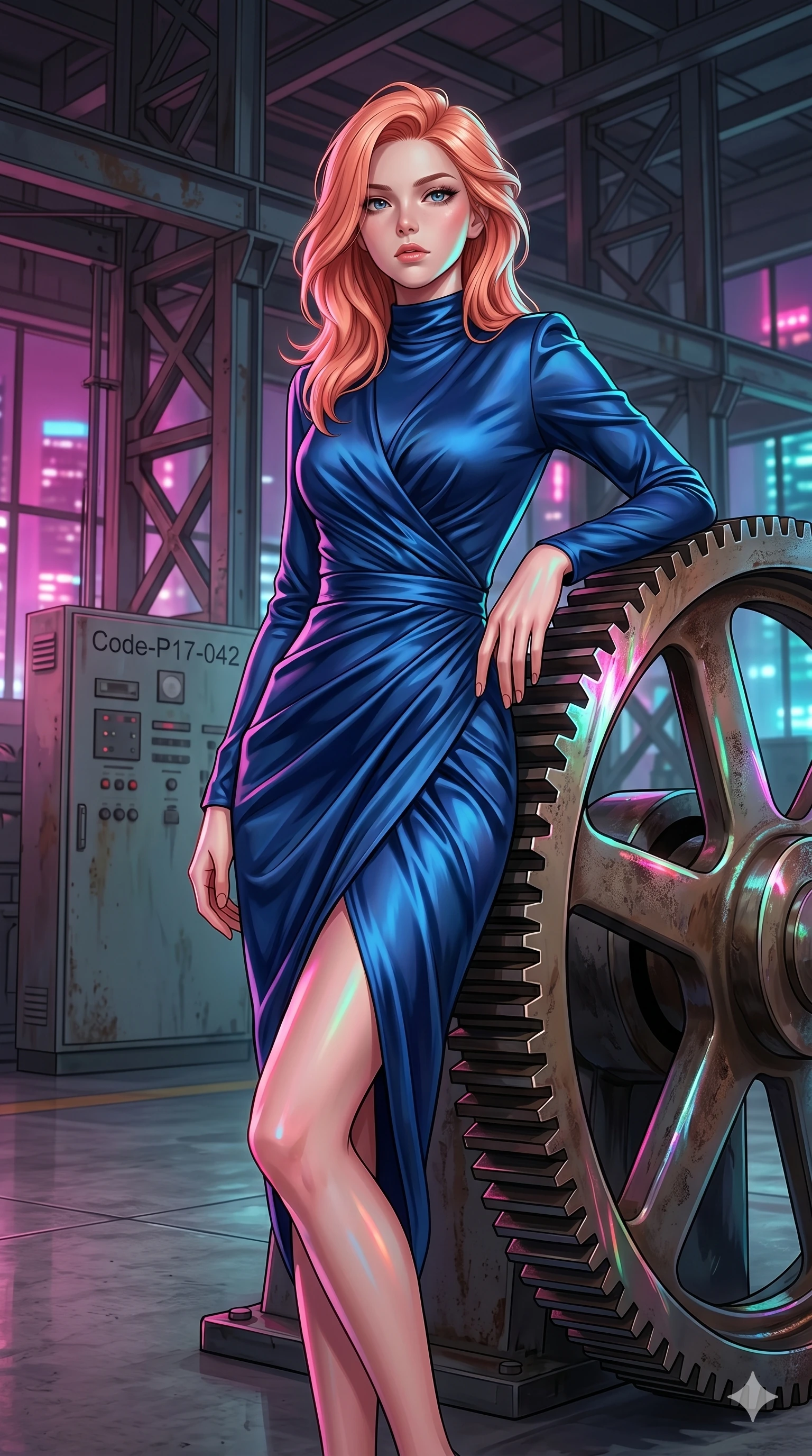 score_9, masterpiece, best quality, ultra-detailed, high-budget anime keyframe, editorial fashion photography, tasteful artistic composition, Japanese woman. cowboy shot from the thighs up, character and outfit filling the frame for maximum editorial presence. leaning against a giant gear wheel, looking past the camera with quiet, thoughtful intensity inside a high-fashion industrial warehouse with steel beams (Code-P17-042). She has an absolutely perfect 8-heads proportion, an exceptionally tall and slender female figure with impossibly long slender legs and an ultra-slim waist. V-shaped jawline, high-bridge nose, intricate jewel-like eyes with depth, thick eyelashes, glossy lips with a natural sheen. wearing a long-sleeved high-neck wrap dress in deep sapphire blue satin. vibrant magenta and cyan city lights casting colorful specular highlights on her skin. 2k, ultra detail, master piece, 9:16 ratio